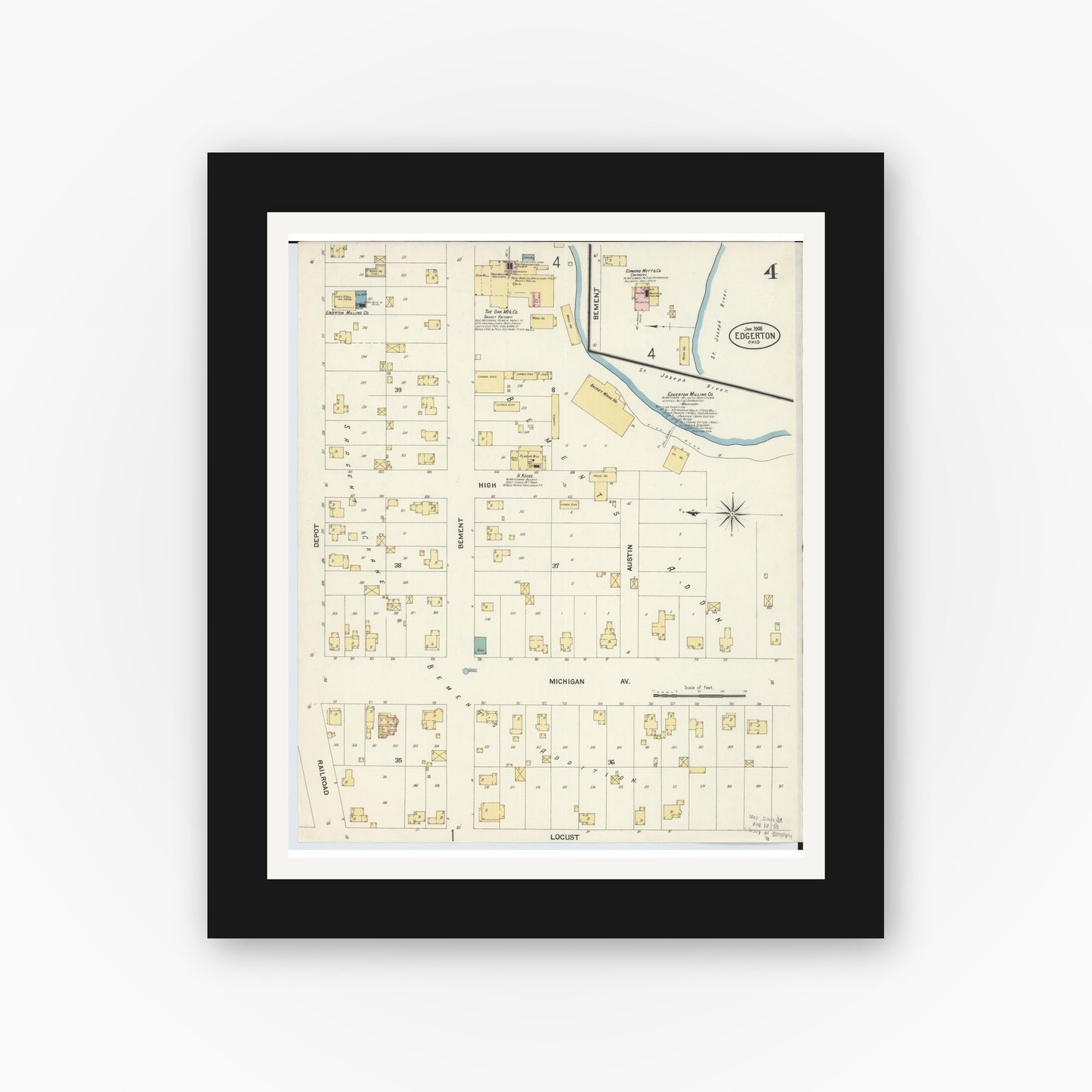 Old map wall art mockup — black gallery frame with white mat — Sanborn Fire Insurance Map from Edgerton, Williams County, Ohio (1908), Sheet #0004