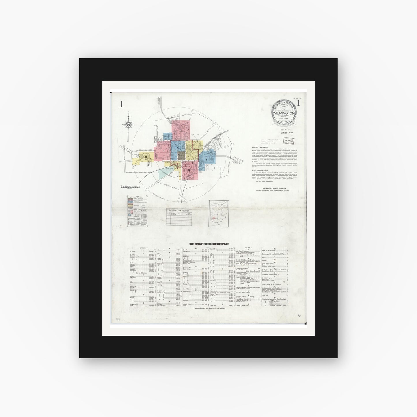 Old map wall art mockup — black gallery frame with white mat — Sanborn Fire Insurance Map from Wilmington, Clinton County, Ohio (1933), Sheet #0001