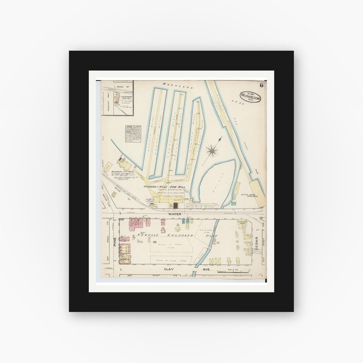 Old map wall art mockup β black gallery frame with white mat β Sanborn Fire Insurance Map from Muskegon, Muskegon County, Michigan (1883), Sheet #0006