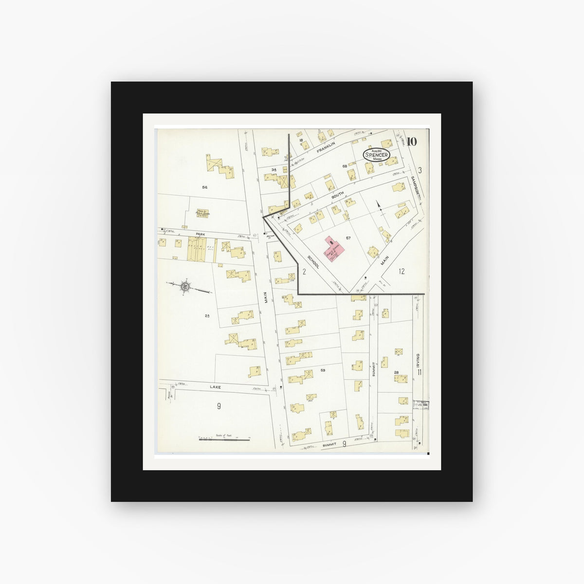 Old map wall art mockup — black gallery frame with white mat — Sanborn Fire Insurance Map from Spencer, Worcester County, Massachusetts (1912), Sheet #0010