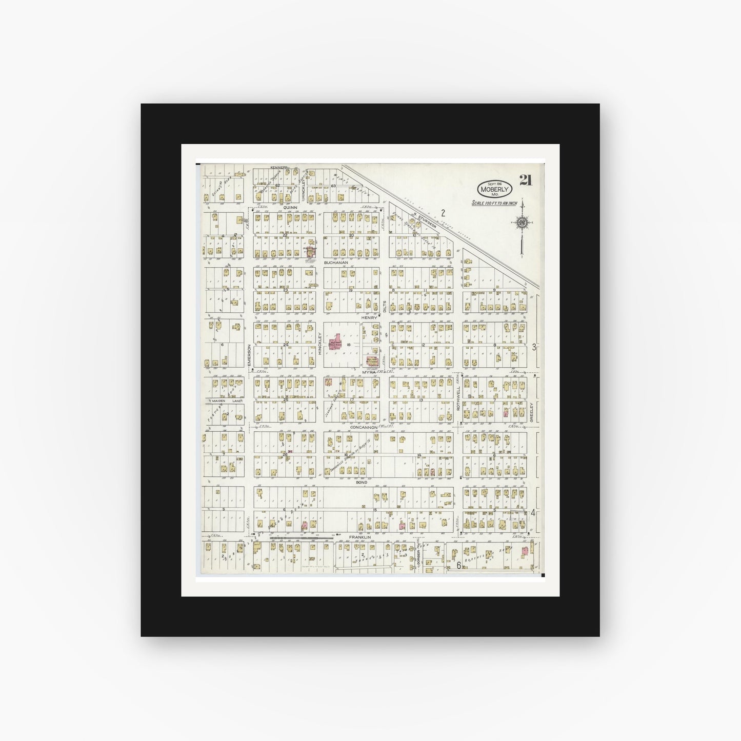 Old map wall art mockup — black gallery frame with white mat — Sanborn Fire Insurance Map from Moberly, Randolph County, Missouri (1916), Sheet #0021