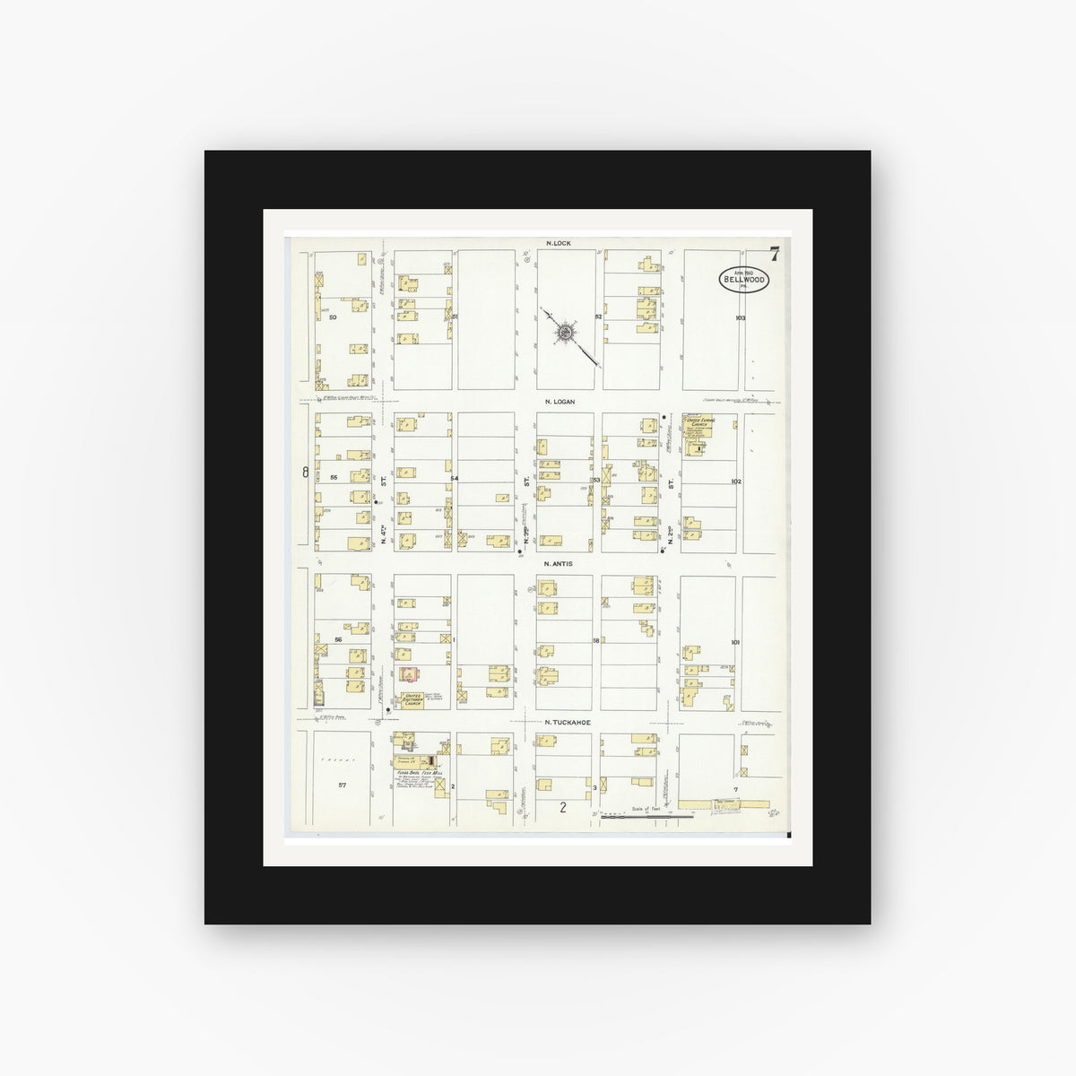 Old map wall art mockup — black gallery frame with white mat — Sanborn Fire Insurance Map from Bellwood, Blair County, Pennsylvania (1910), Sheet #0007