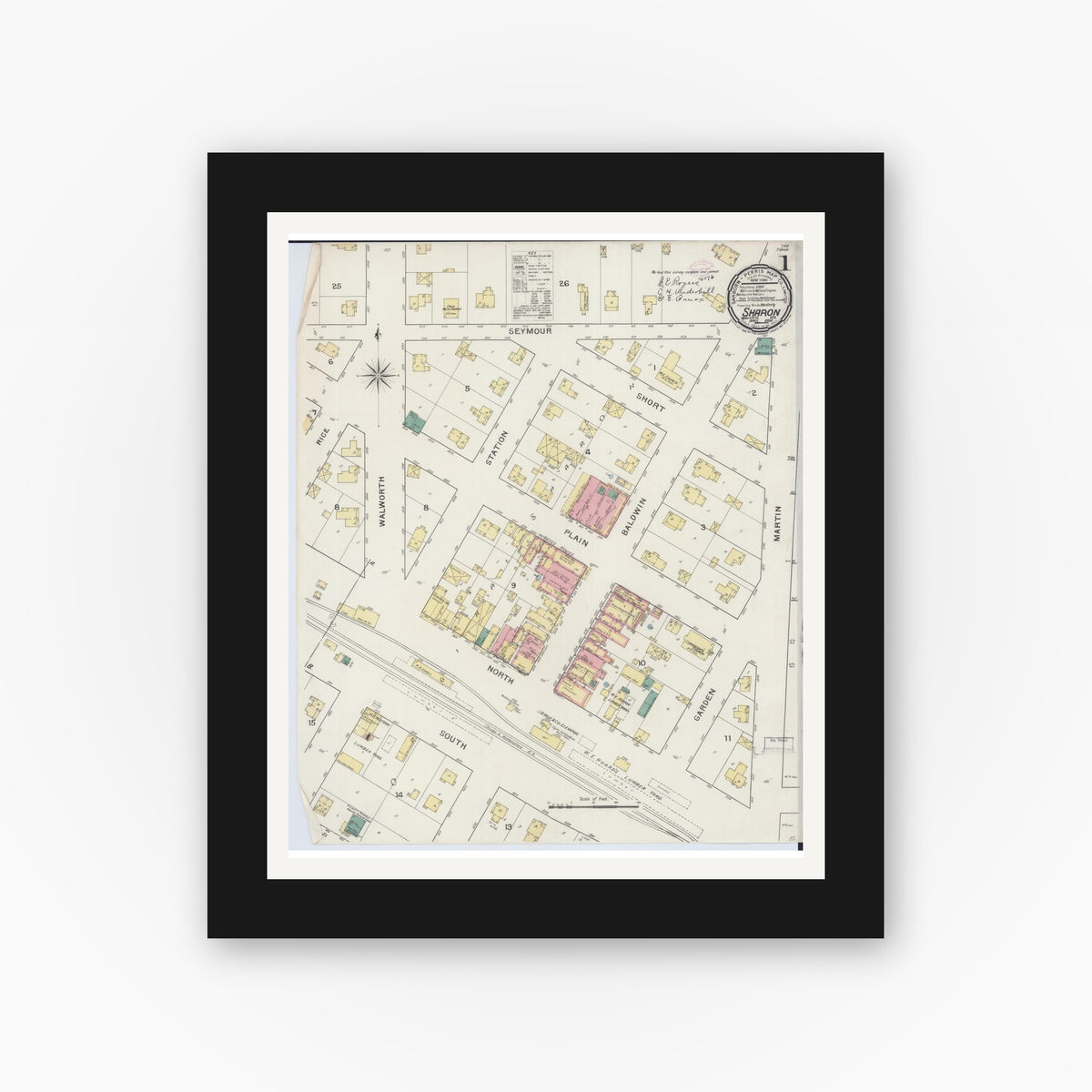 Old map wall art mockup — black gallery frame with white mat — Sanborn Fire Insurance Map from Sharon, Walworth County, Wisconsin (1894) - Complete Map Set