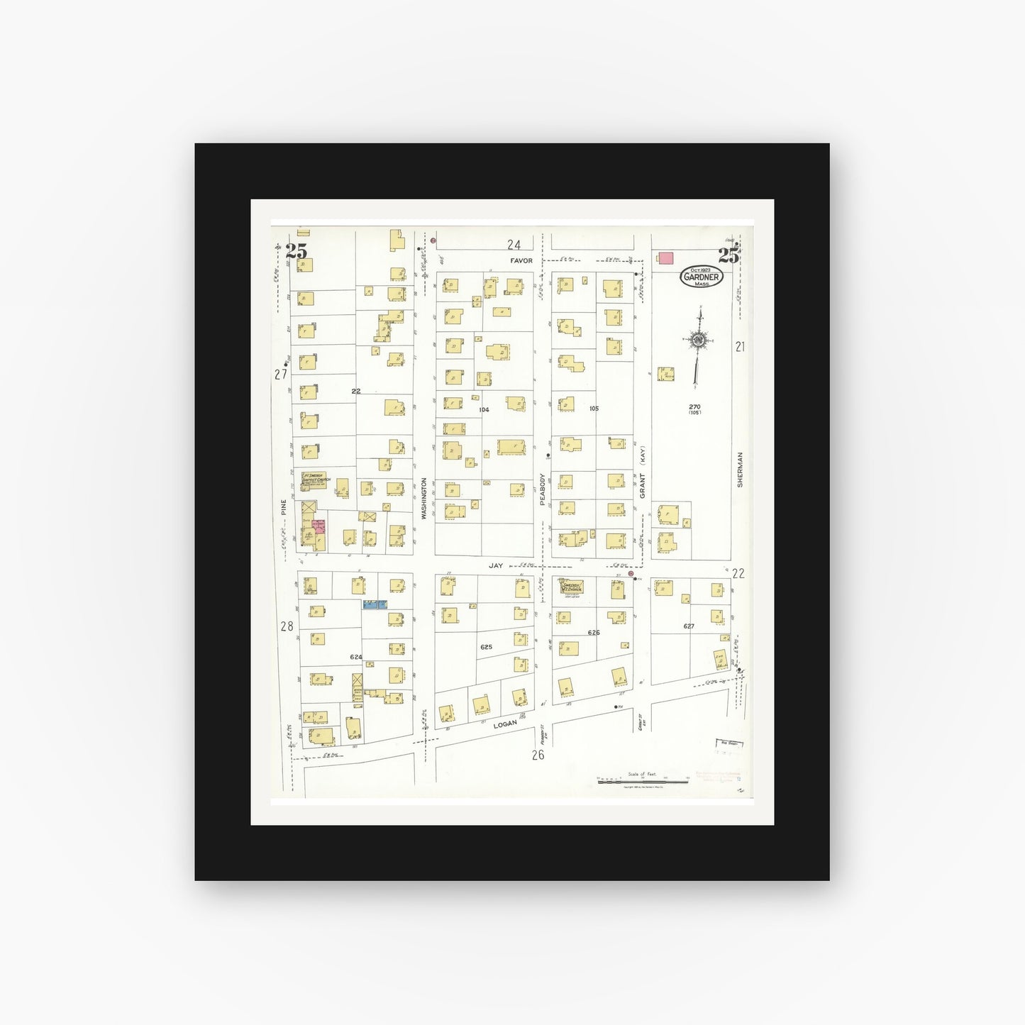 Old map wall art mockup — black gallery frame with white mat — Sanborn Fire Insurance Map from Gardner, Worcester County, Massachusetts (1923), Sheet #0025
