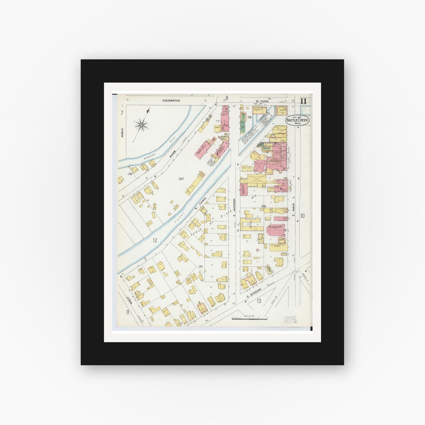 Old map wall art mockup — black gallery frame with white mat — Sanborn Fire Insurance Map from Battle Creek, Calhoun County, Michigan (1899), Sheet #0011