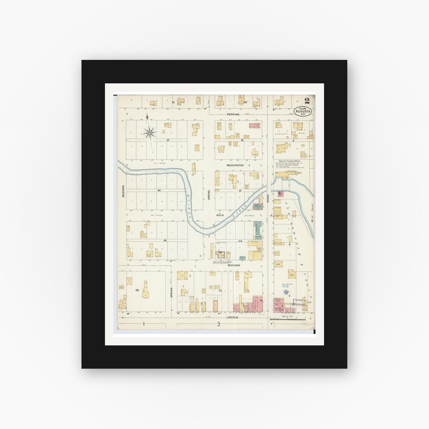 Old map wall art mockup — black gallery frame with white mat — Sanborn Fire Insurance Map from Augusta, Eau Claire County, Wisconsin (1903), Sheet #0002