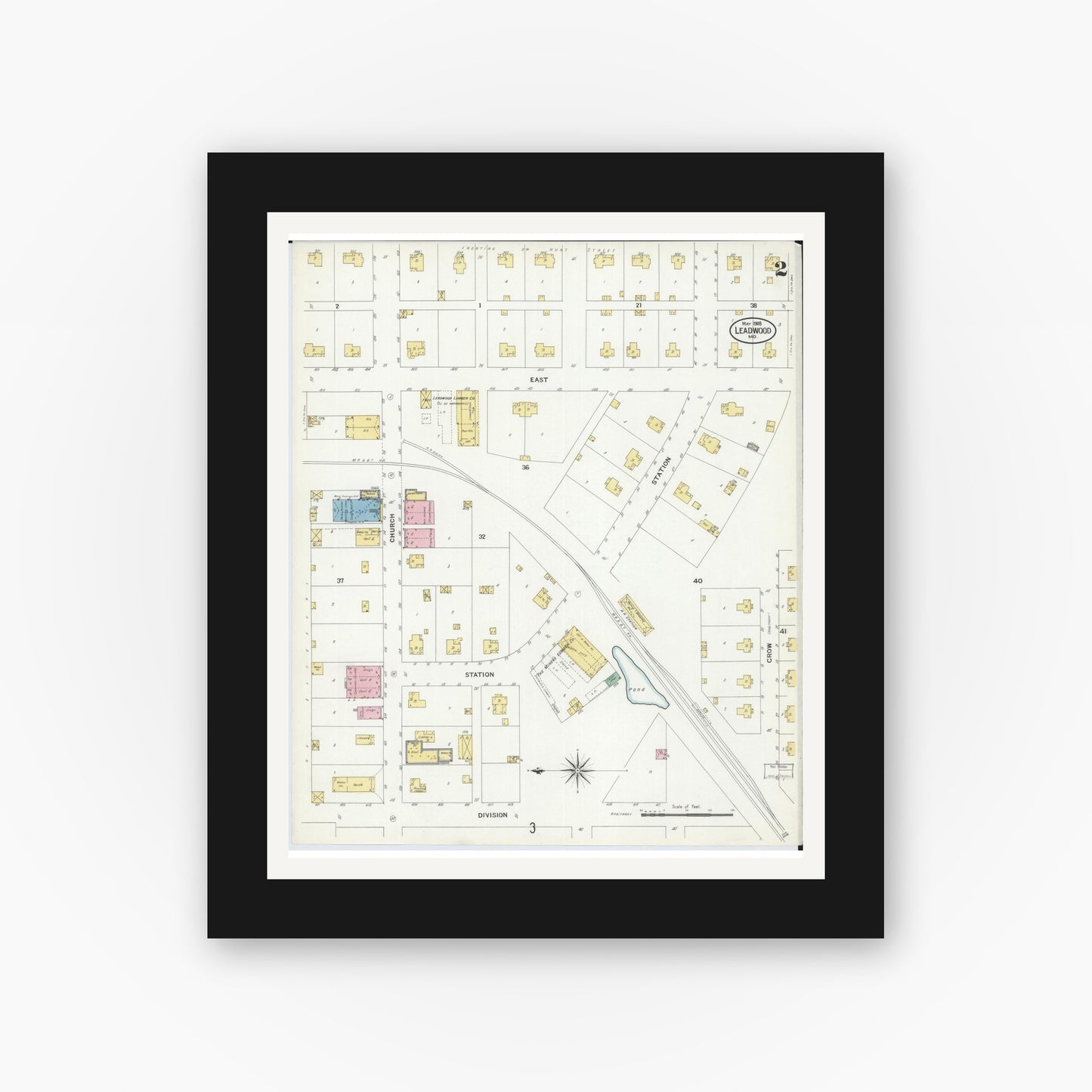Old map wall art mockup — black gallery frame with white mat — Sanborn Fire Insurance Map from Leadwood, Saint Francois County, Missouri (1908), Sheet #0002