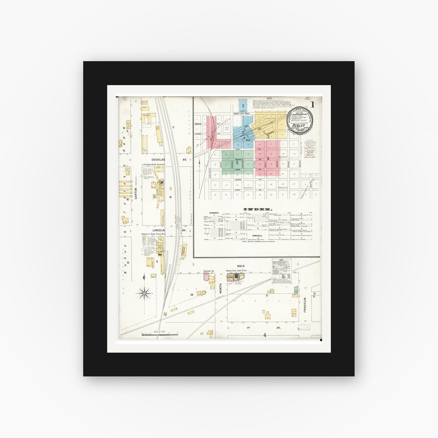 Old map wall art mockup — black gallery frame with white mat — Sanborn Fire Insurance Map from Ackley, Hardin and Franklin Counties, Iowa (1900) — Complete Set