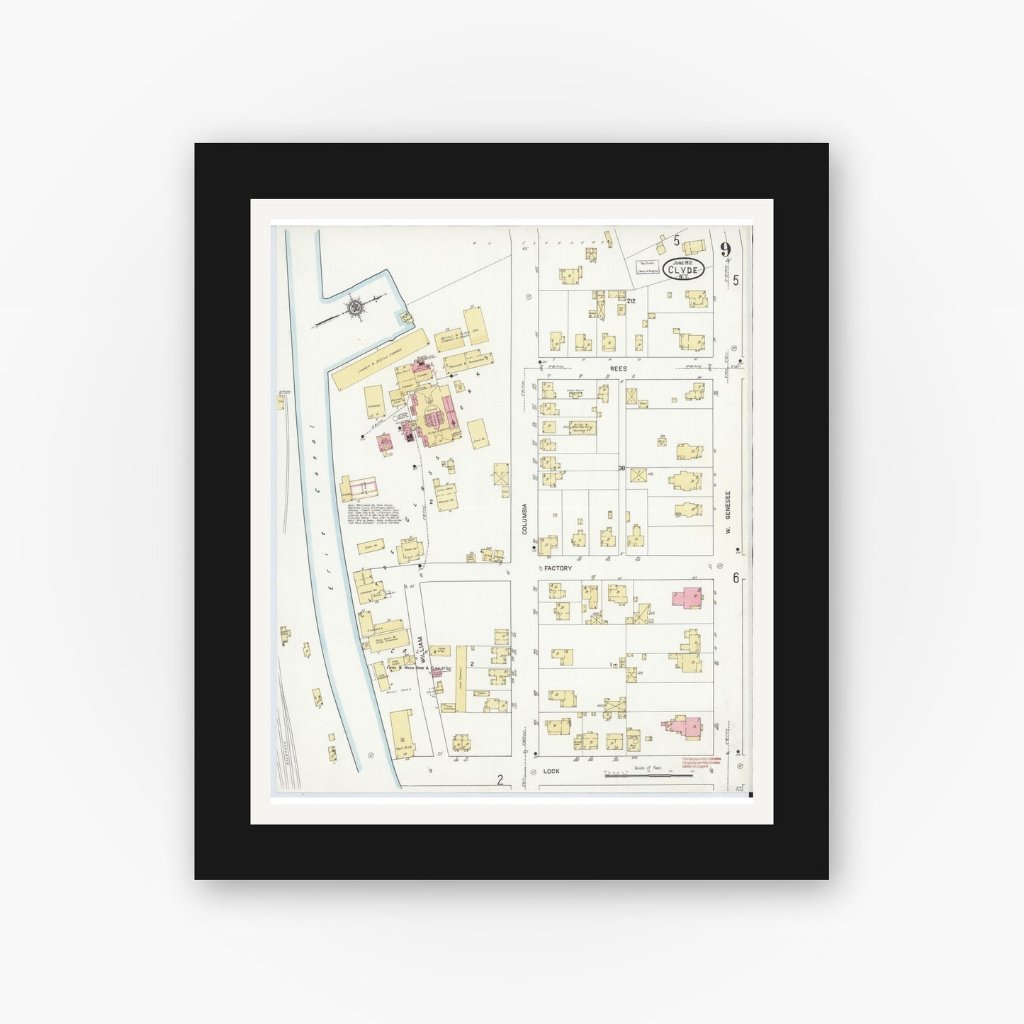 Old map wall art mockup — black gallery frame with white mat — Sanborn Fire Insurance Map from Clyde, Wayne County, New York (1912), Sheet #0009
