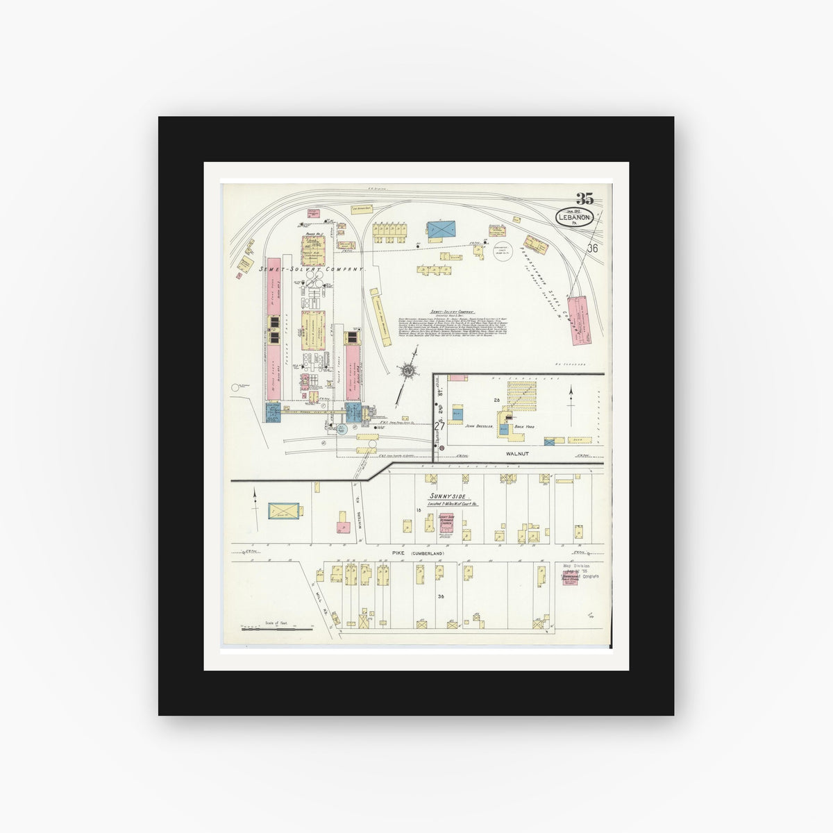 Old map wall art mockup — black gallery frame with white mat — Sanborn Fire Insurance Map from Lebanon, Lebanon County, Pennsylvania (1912), Sheet #0035