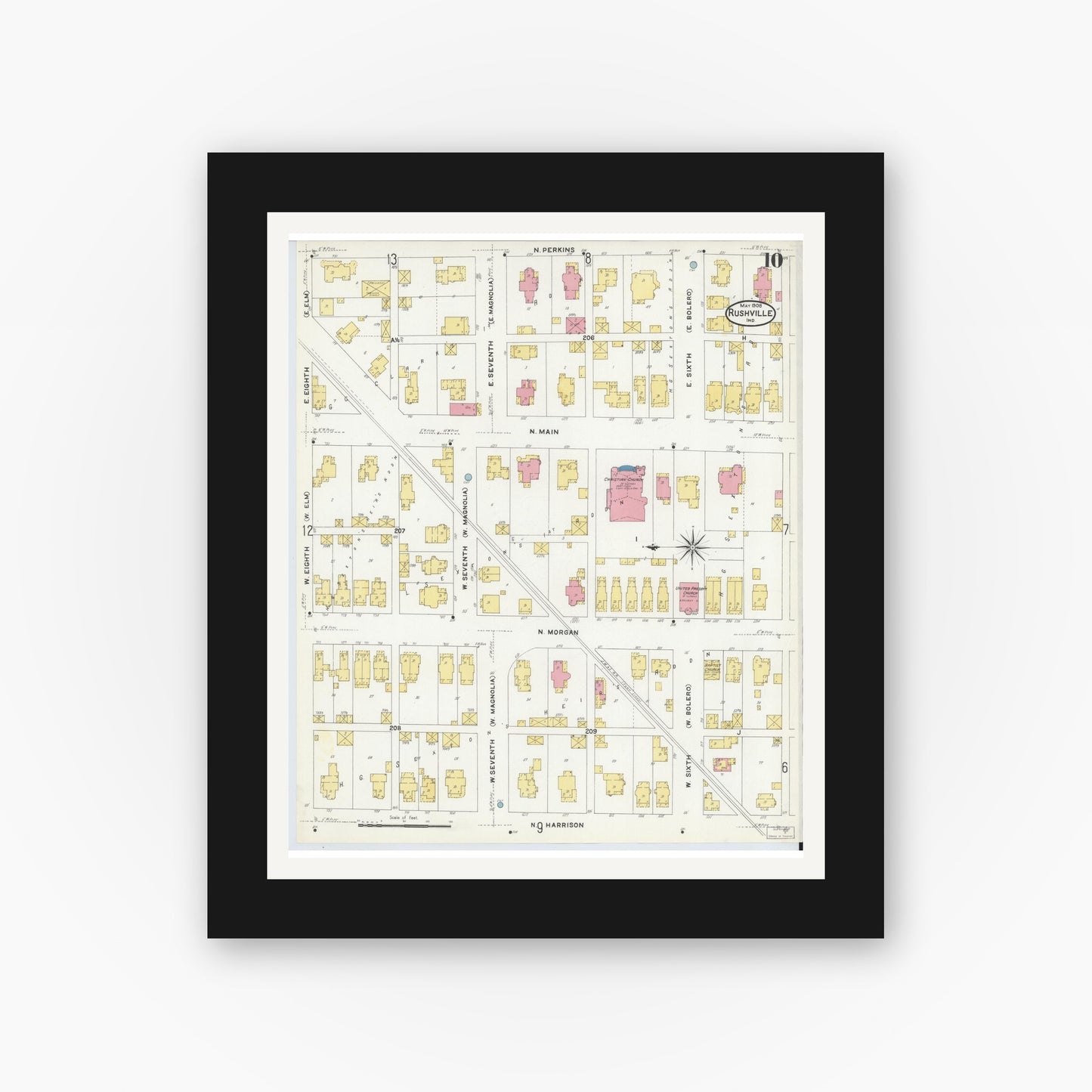 Old map wall art mockup — black gallery frame with white mat — Sanborn Fire Insurance Map from Rushville, Rush County, Indiana (1908), Sheet #0010