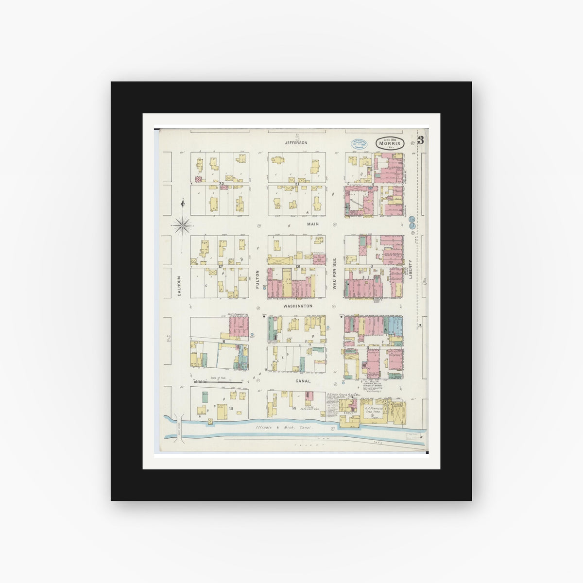 Old map wall art mockup — black gallery frame with white mat — Sanborn Fire Insurance Map from Morris, Grundy County, Illinois (1894), Sheet #0003