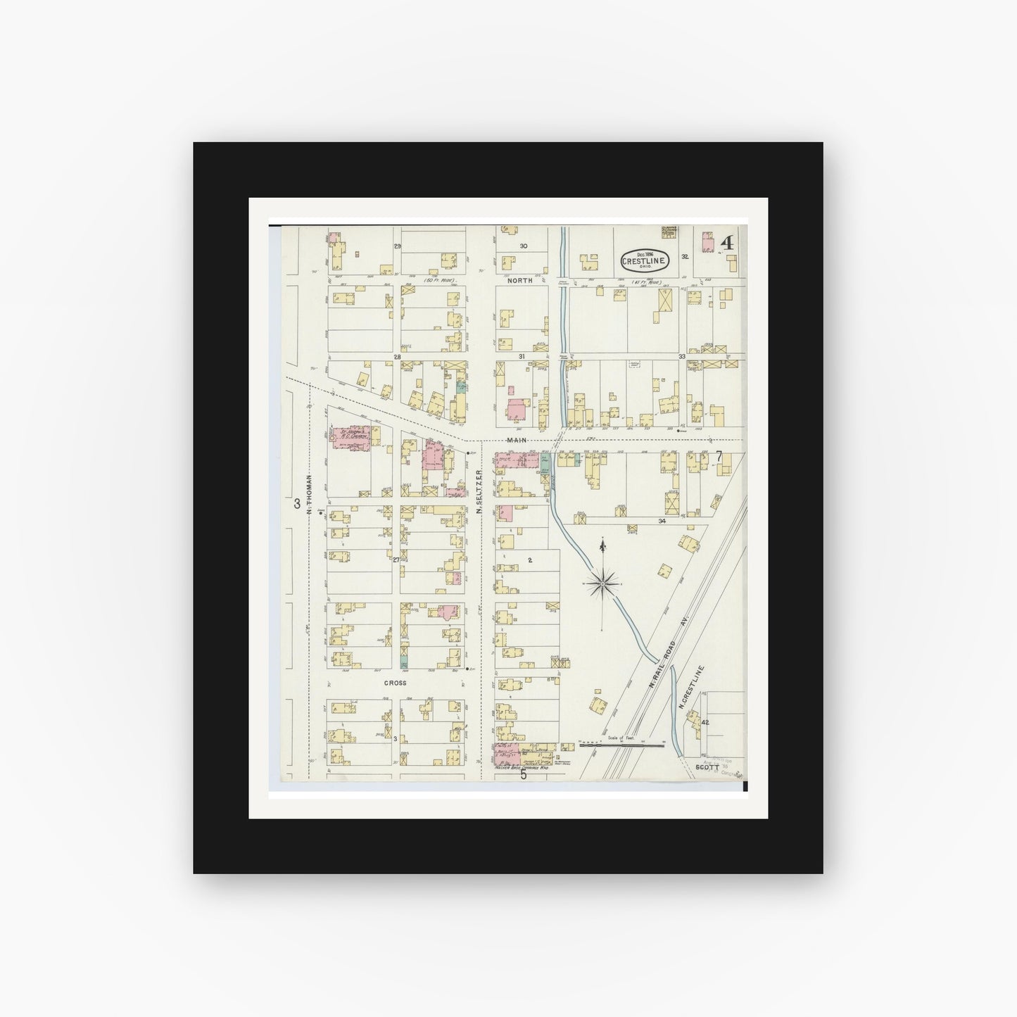 Old map wall art mockup — black gallery frame with white mat — Sanborn Fire Insurance Map from Crestline, Crawford County, Ohio (1896), Sheet #0004