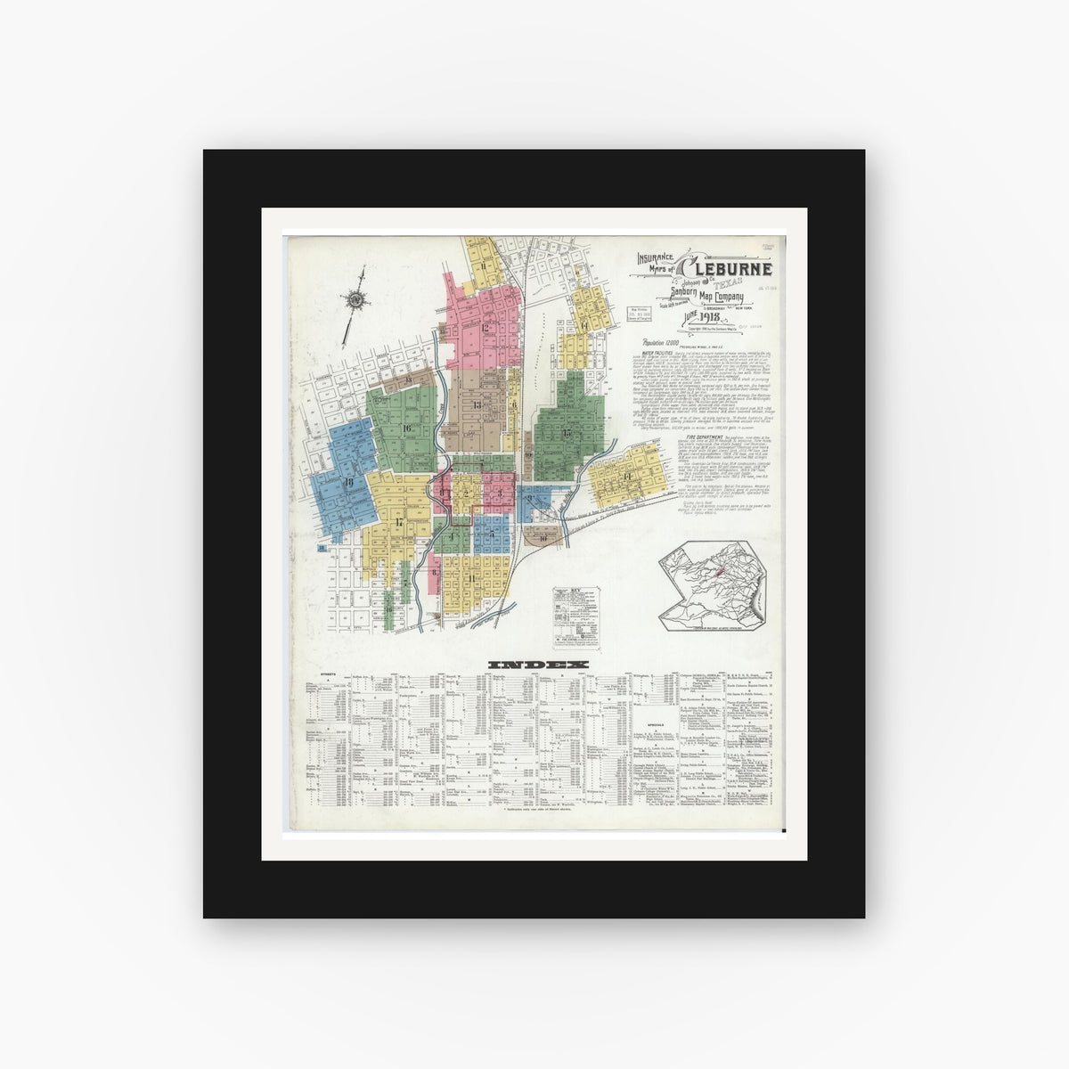 Old map wall art mockup — black gallery frame with white mat — Sanborn Fire Insurance Map from Cleburne, Johnson County, Texas (1918) - Complete Map Set