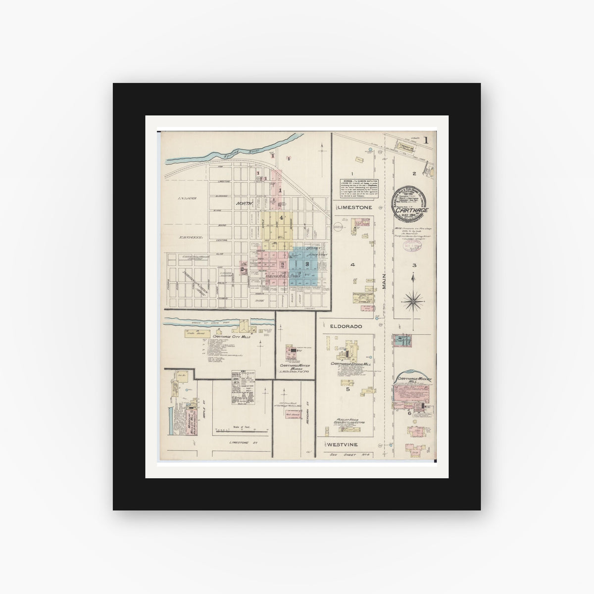 Old map wall art mockup — black gallery frame with white mat — Sanborn Fire Insurance Map from Carthage, Jasper County, Missouri (1884) - Complete Map Set