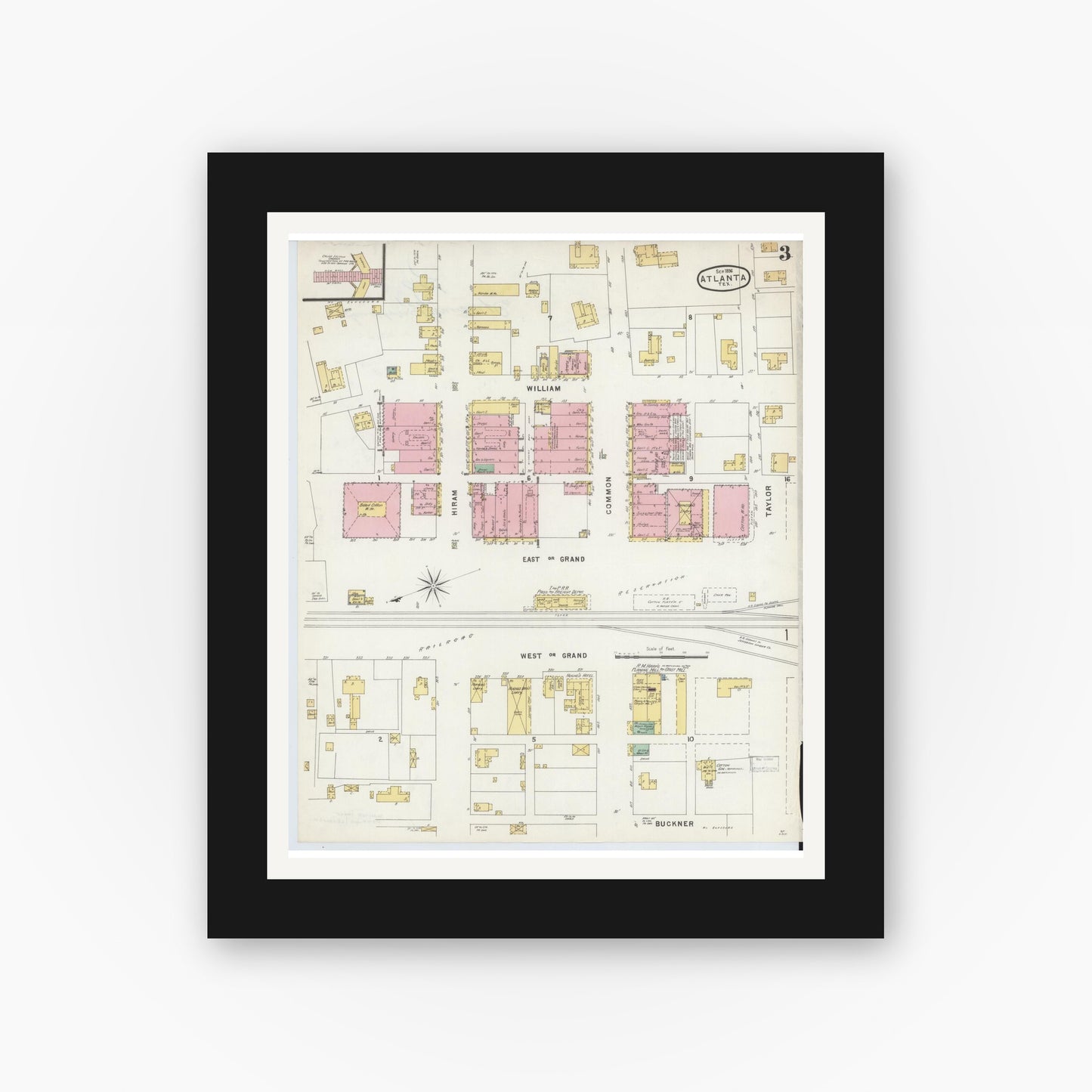 Old map wall art mockup — black gallery frame with white mat — Sanborn Fire Insurance Map from Atlanta, Cass County, Texas (1896), Sheet #0003