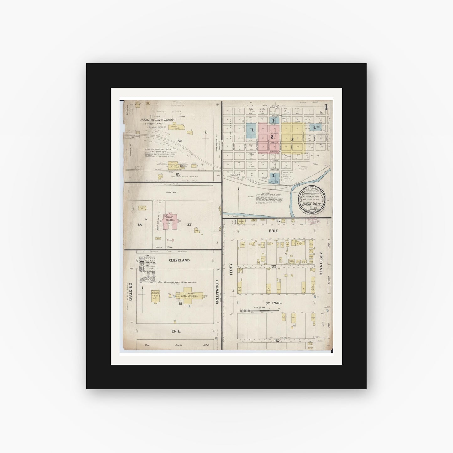 Old map wall art mockup — black gallery frame with white mat — Sanborn Fire Insurance Map from Spring Valley, Bureau County, Illinois (1888), Sheet #0001