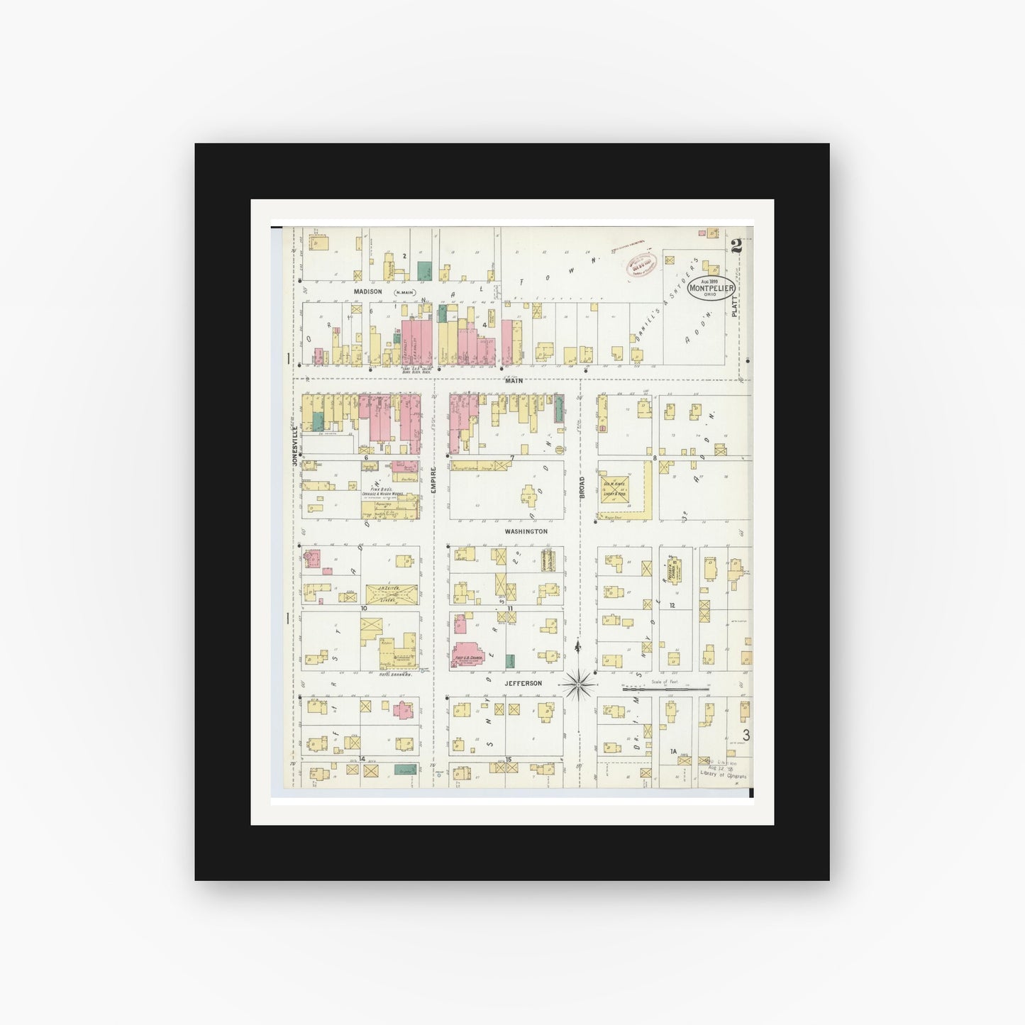 Old map wall art mockup — black gallery frame with white mat — Sanborn Fire Insurance Map from Montpelier, Williams County, Ohio (1899), Sheet #0002