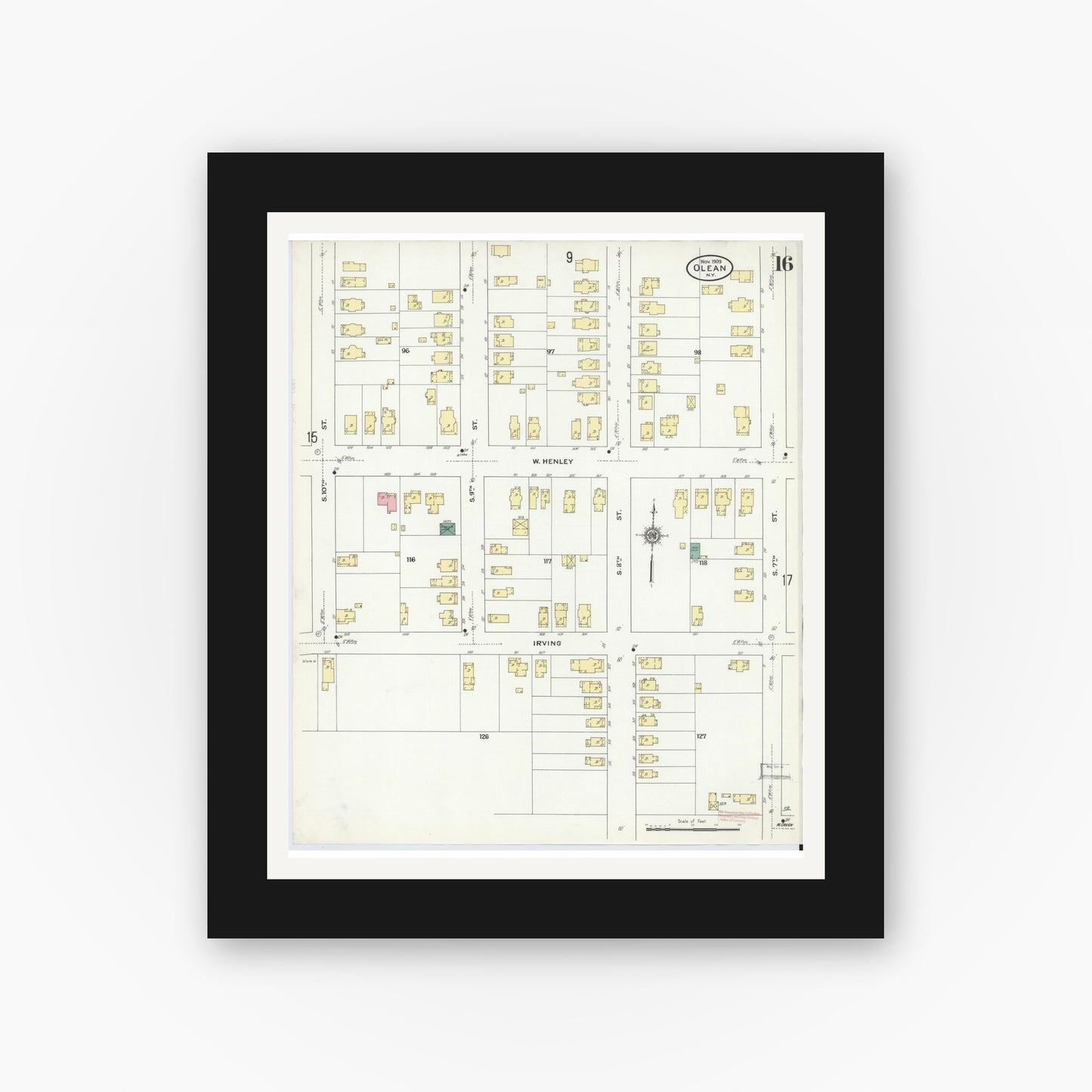 Old map wall art mockup — black gallery frame with white mat — Sanborn Fire Insurance Map from Olean, Cattaraugus County, New York (1909), Sheet #0016