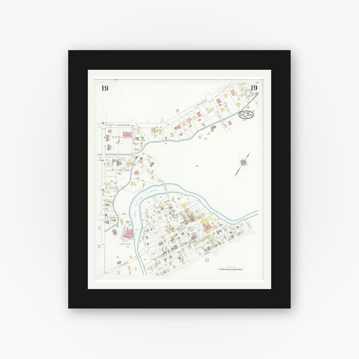Old map wall art mockup — black gallery frame with white mat — Sanborn Fire Insurance Map from Del Rio, Val Verde County, Texas (1930), Sheet #0019