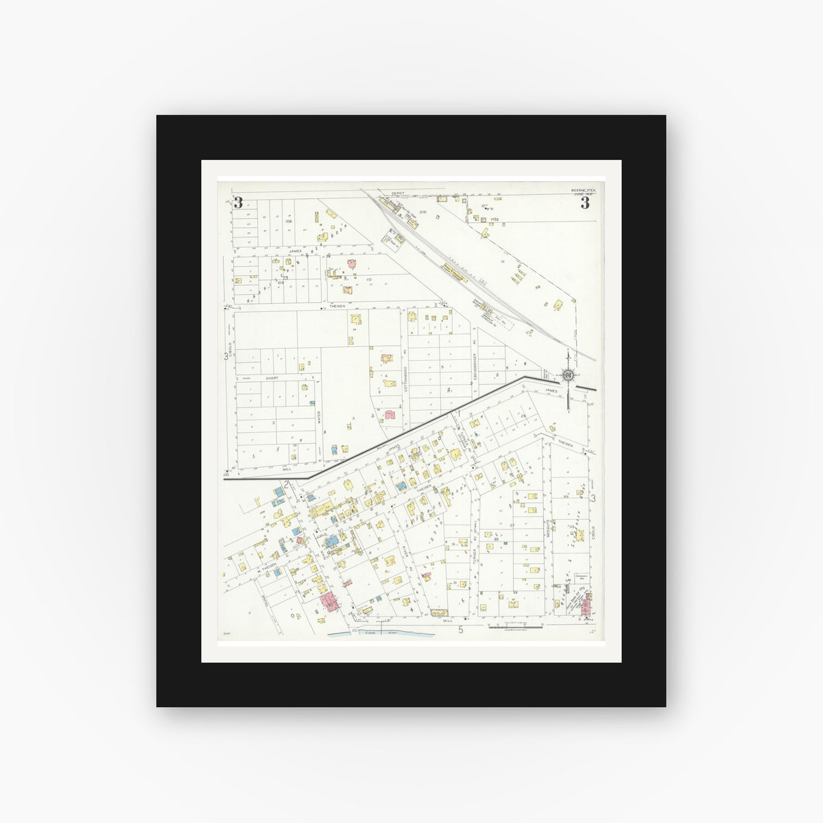 Old map wall art mockup — black gallery frame with white mat — Sanborn Fire Insurance Map from Boerne, Kendall County, Texas (1937), Sheet #0003