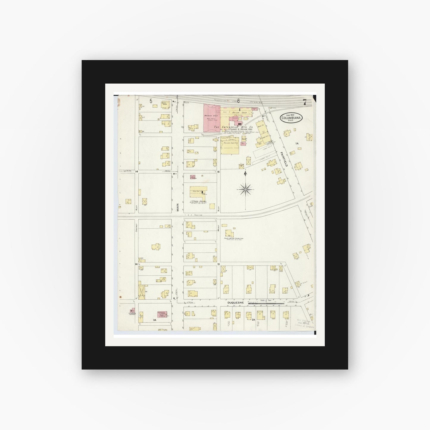 Old map wall art mockup — black gallery frame with white mat — Sanborn Fire Insurance Map from Columbiana, Columbiana County, Ohio (1909), Sheet #0007