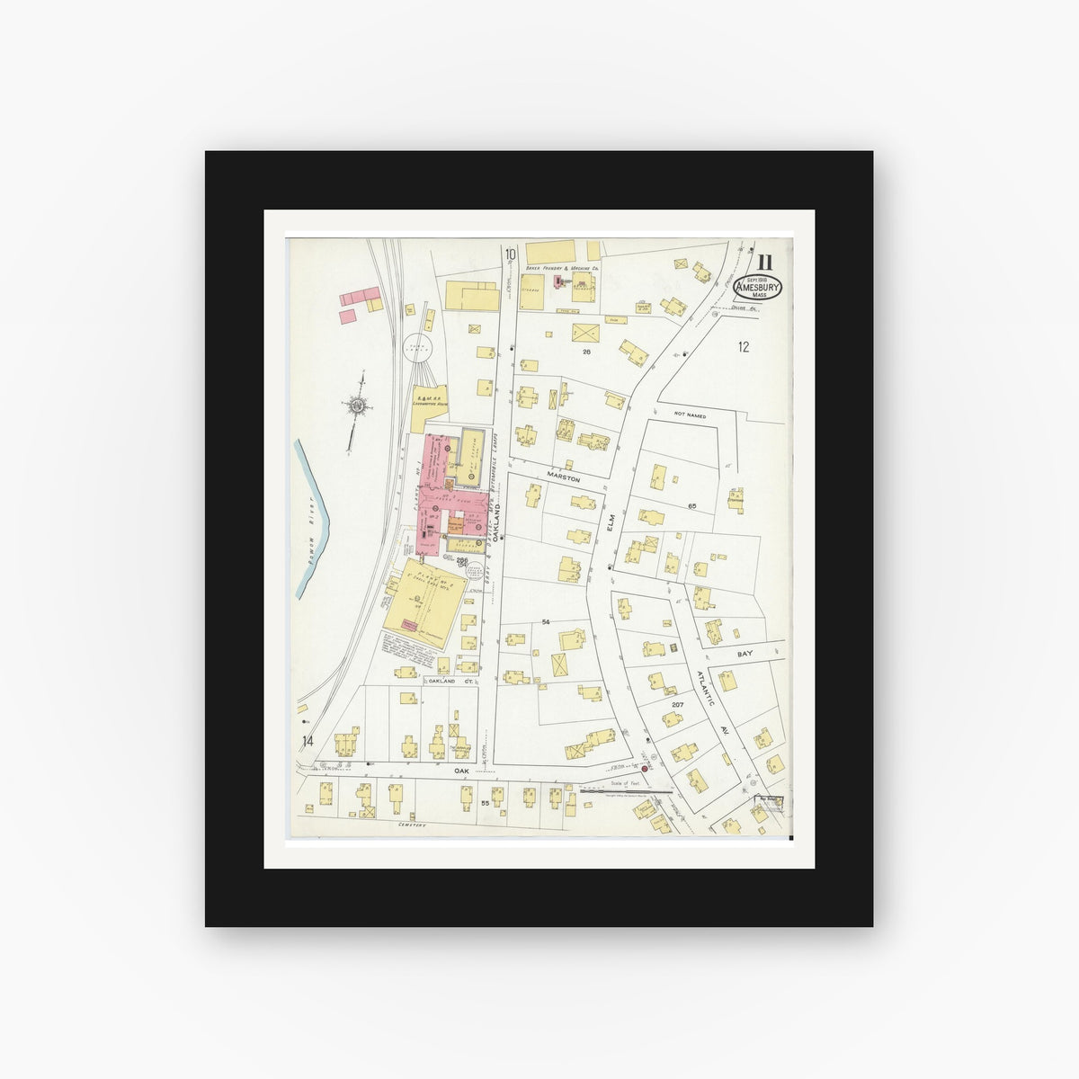 Old map wall art mockup — black gallery frame with white mat — Sanborn Fire Insurance Map from Amesbury, Essex County, Massachusetts (1918), Sheet #0011