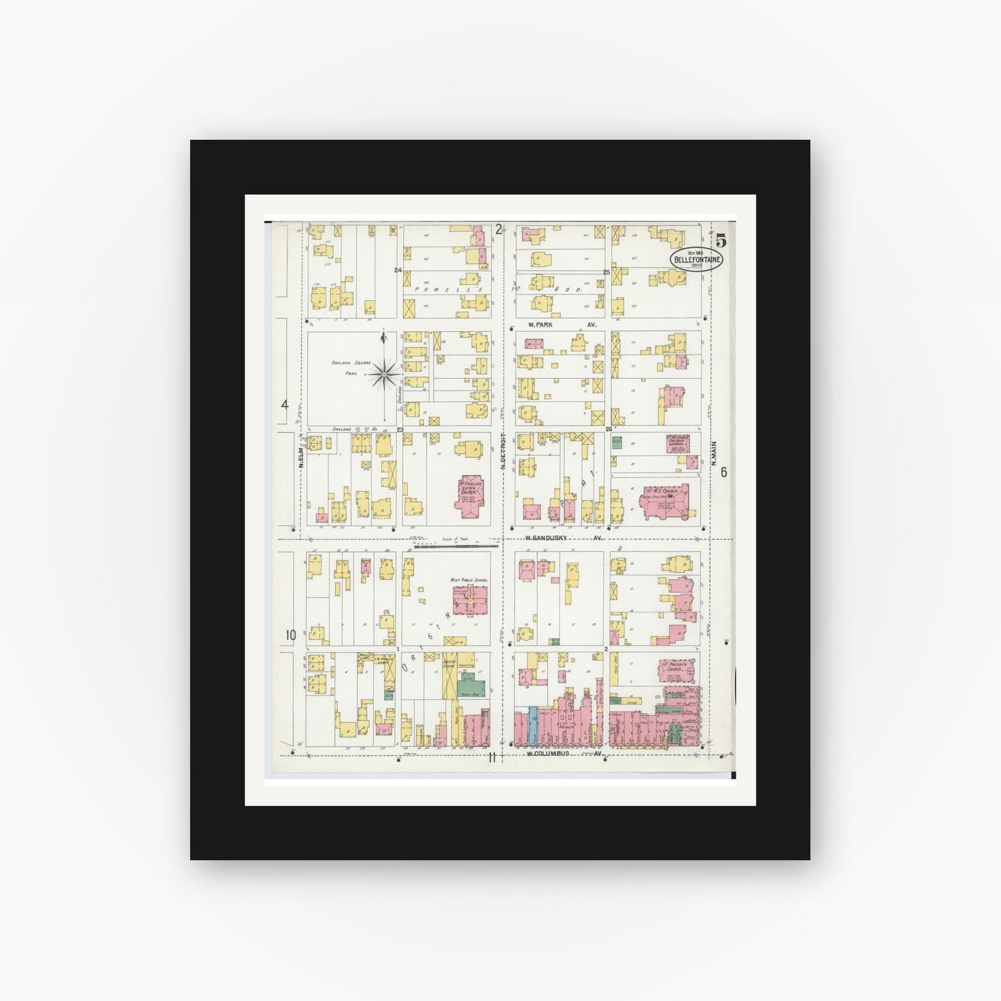 Old map wall art mockup — black gallery frame with white mat — Sanborn Fire Insurance Map from Bellefontaine, Logan County, Ohio (1901), Sheet #0005