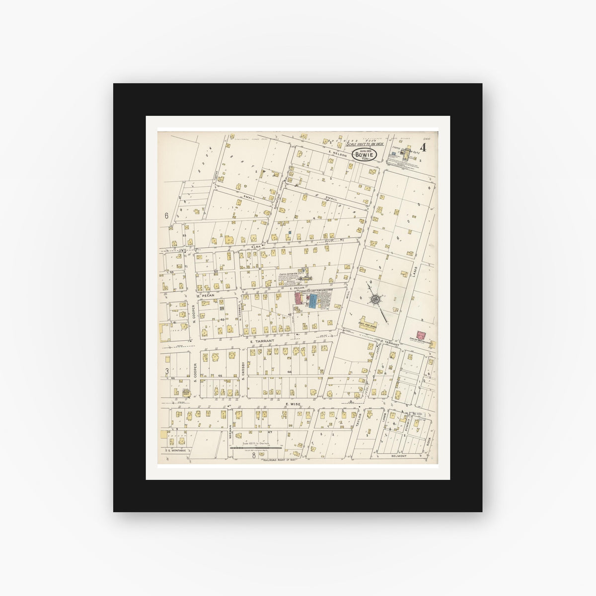 Old map wall art mockup — black gallery frame with white mat — Sanborn Fire Insurance Map from Bowie, Montague County, Texas (1922), Sheet #0004