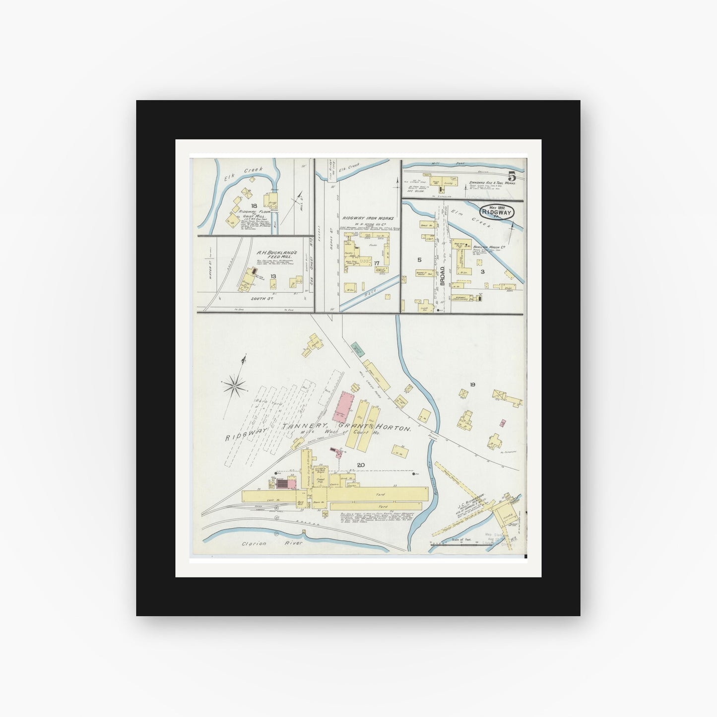Old map wall art mockup — black gallery frame with white mat — Sanborn Fire Insurance Map from Ridgway, Elk County, Pennsylvania (1892), Sheet #0005