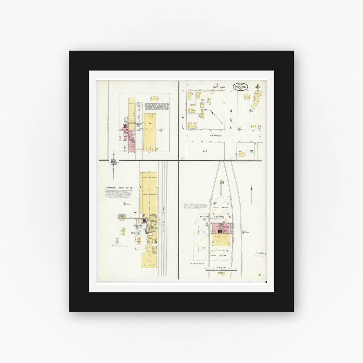 Old map wall art mockup — black gallery frame with white mat — Sanborn Fire Insurance Map from Hearne, Robertson County, Texas (1911), Sheet #0004