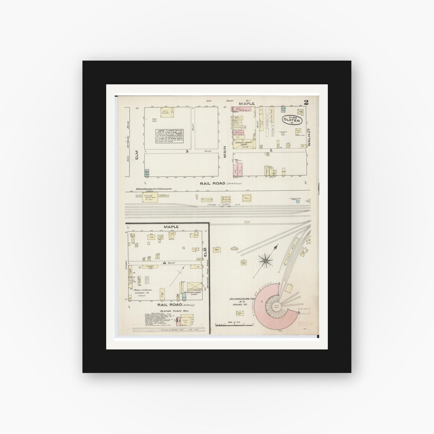 Old map wall art mockup — black gallery frame with white mat — Sanborn Fire Insurance Map from Slater, Saline County, Missouri (1883), Sheet #0002