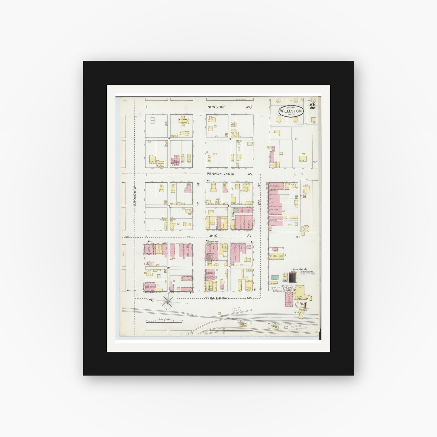 Old map wall art mockup — black gallery frame with white mat — Sanborn Fire Insurance Map from Wellston, Jackson County, Ohio (1892), Sheet #0002