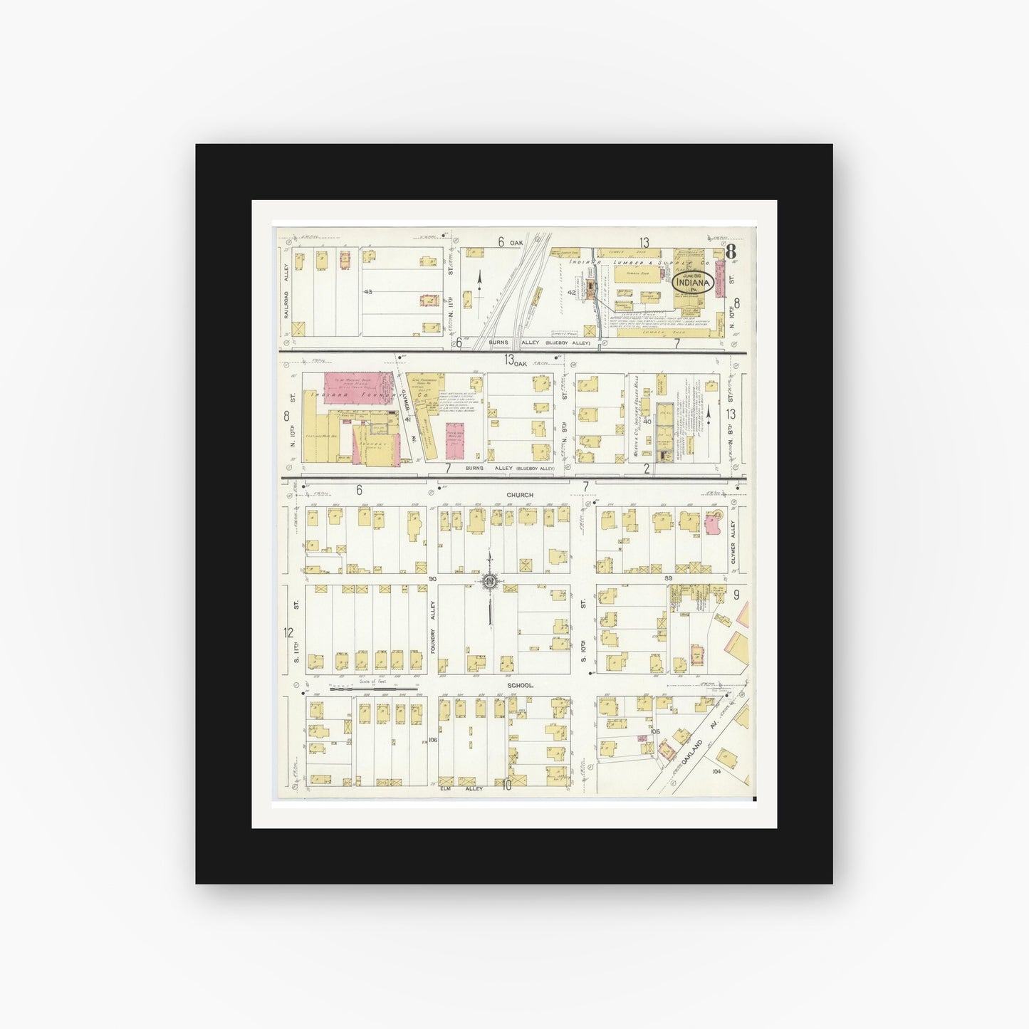 Old map wall art mockup — black gallery frame with white mat — Sanborn Fire Insurance Map from Indiana, Indiana County, Pennsylvania (1916), Sheet #0008