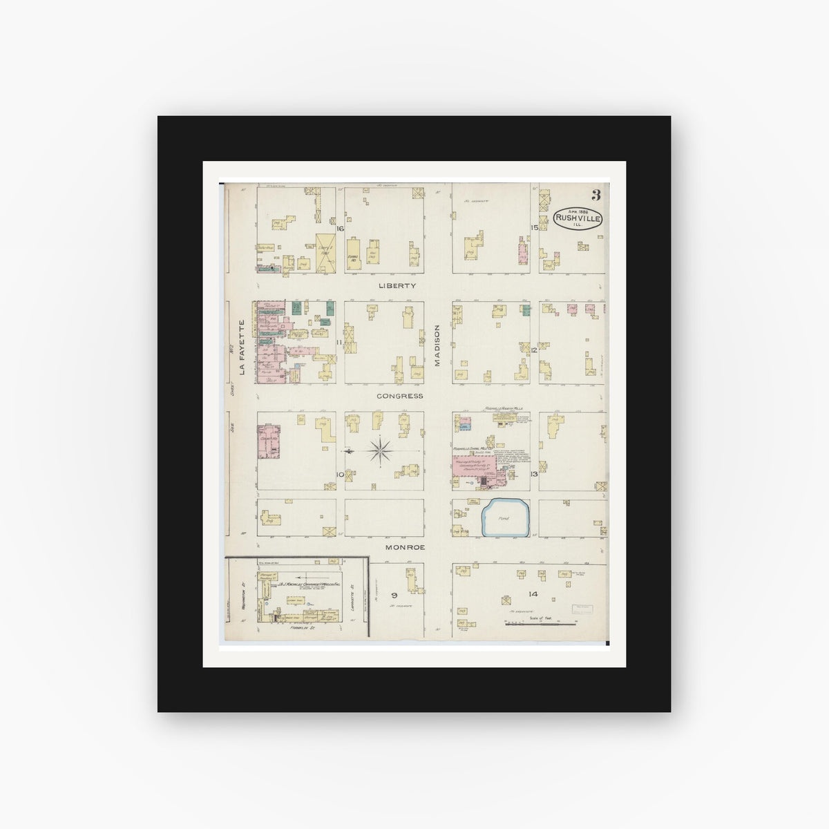 Old map wall art mockup — black gallery frame with white mat — Sanborn Fire Insurance Map from Rushville, Schuyler County, Illinois (1886), Sheet #0003