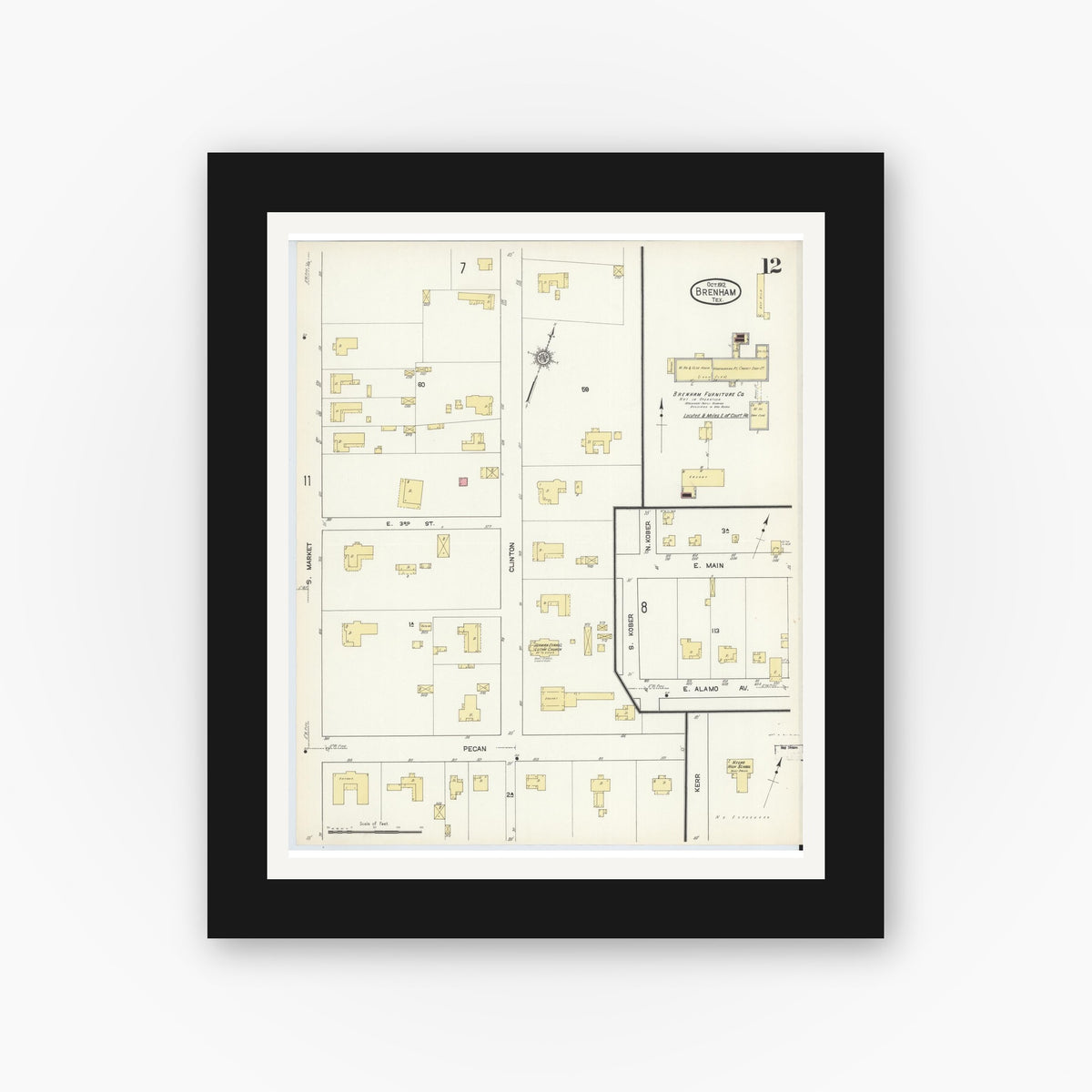 Old map wall art mockup — black gallery frame with white mat — Sanborn Fire Insurance Map from Brenham, Washington County, Texas (1912), Sheet #0012