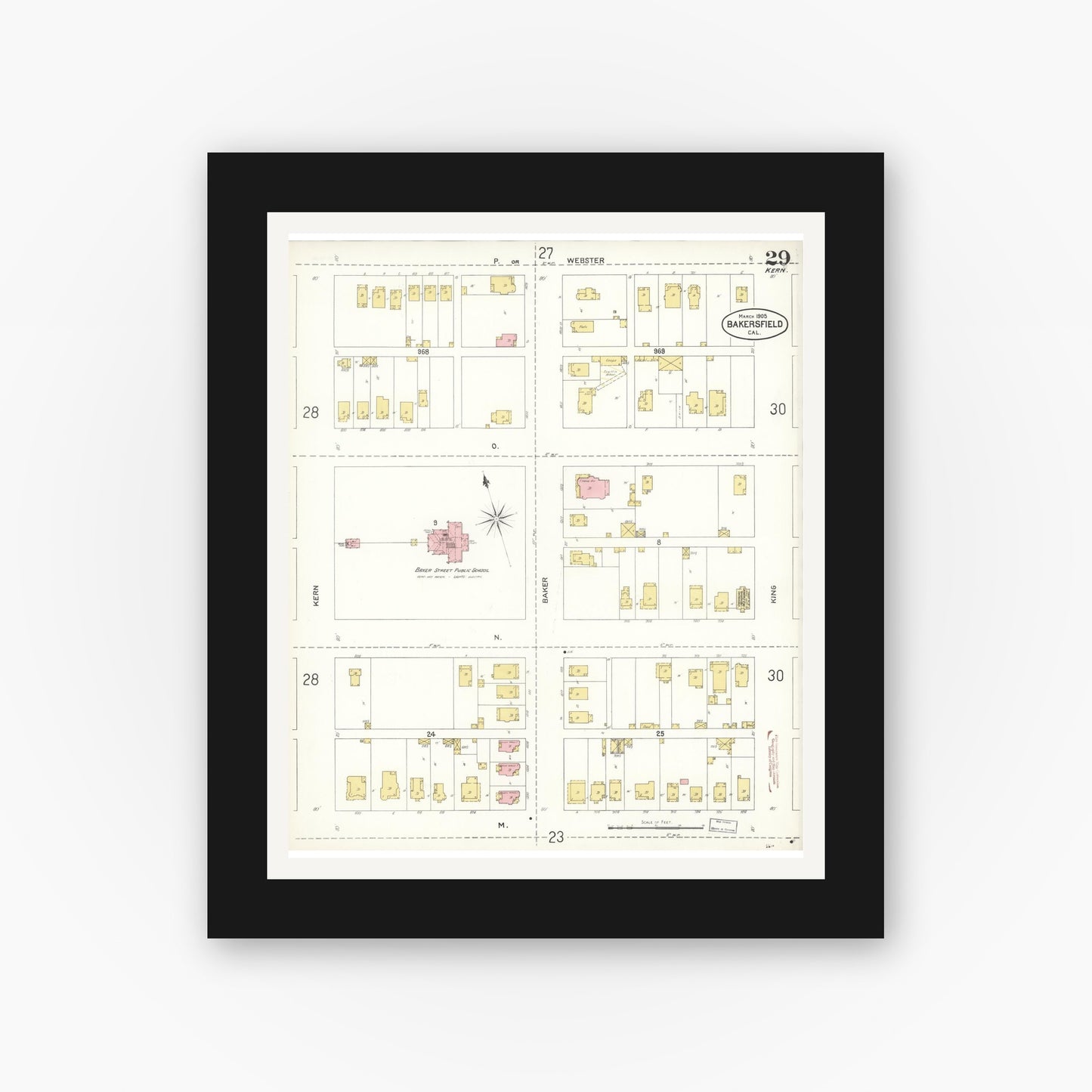Old map wall art mockup — black gallery frame with white mat — Sanborn Fire Insurance Map from Bakersfield, Kern County, California (1905), Sheet #0029