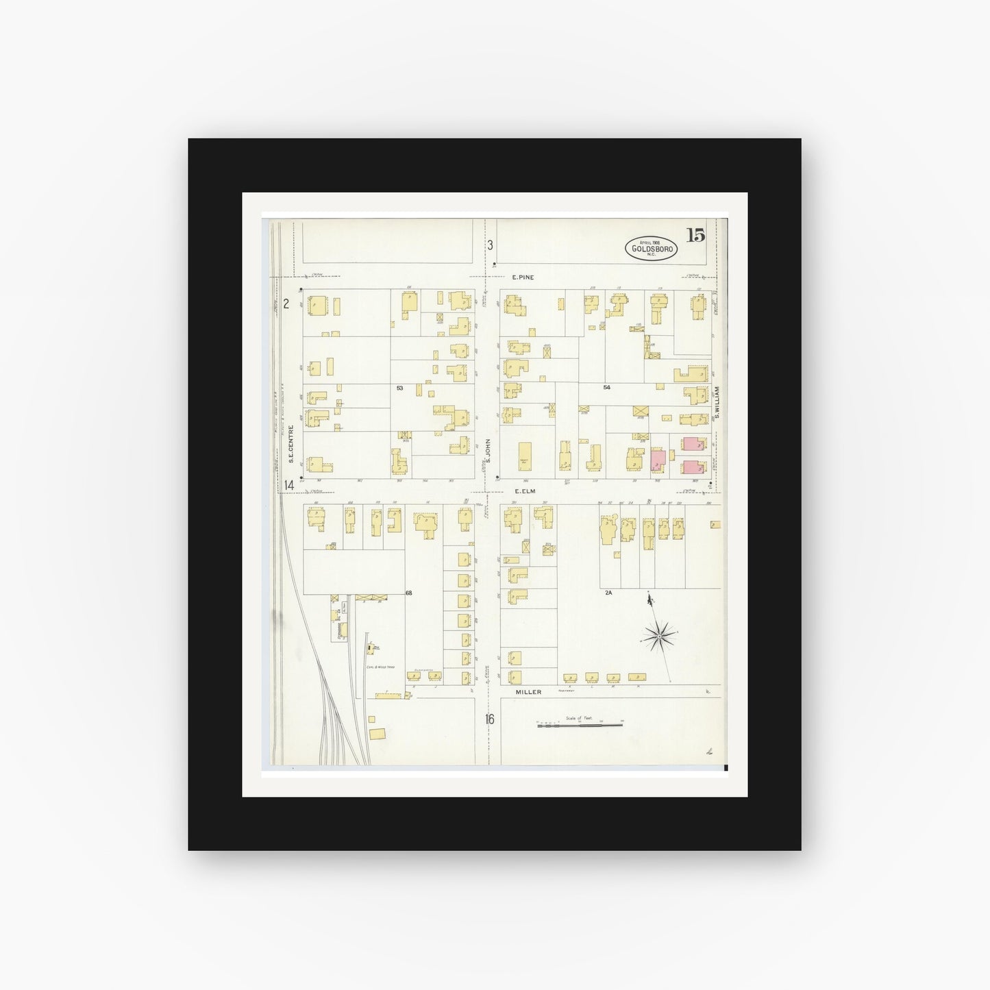Old map wall art mockup — black gallery frame with white mat — Sanborn Fire Insurance Map from Goldsboro, Wayne County, North Carolina (1908), Sheet #0015