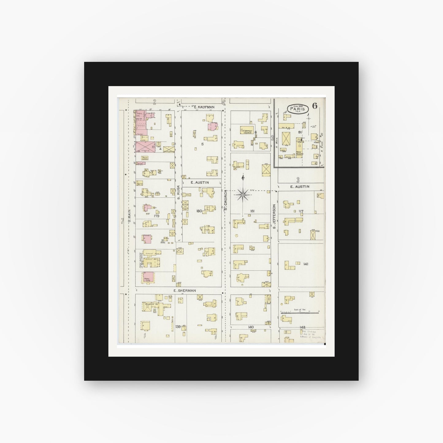 Old map wall art mockup — black gallery frame with white mat — Sanborn Fire Insurance Map from Paris, Lamar County, Texas (1892), Sheet #0006