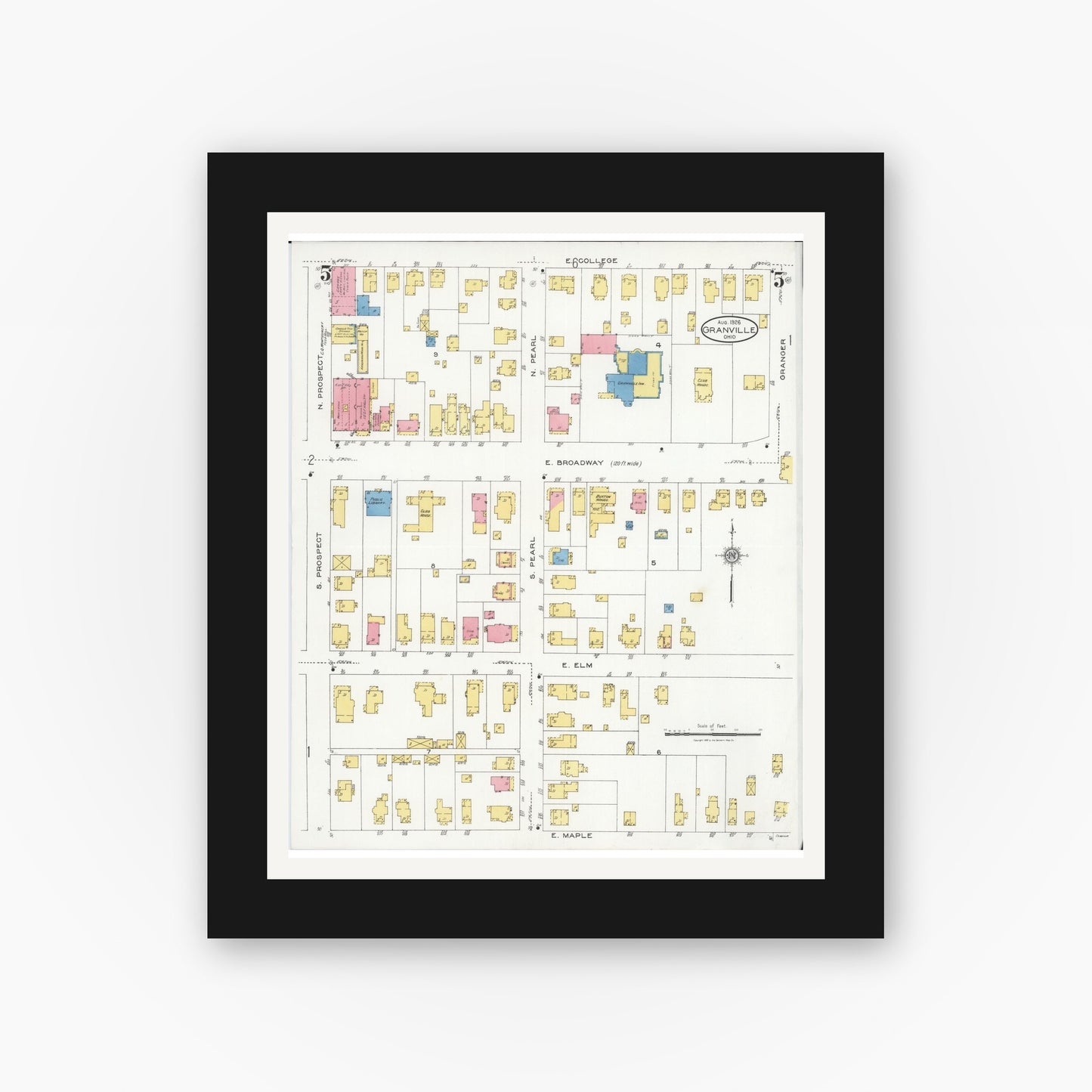 Old map wall art mockup — black gallery frame with white mat — Sanborn Fire Insurance Map from Granville, Licking County, Ohio (1926), Sheet #0005