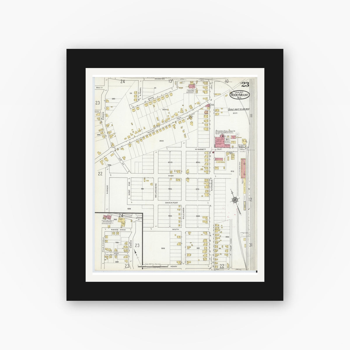 Old map wall art mockup — black gallery frame with white mat — Sanborn Fire Insurance Map from Rocky Mount, Edgecombe And Nash Counties, North Carolina (1917), Sheet #0023