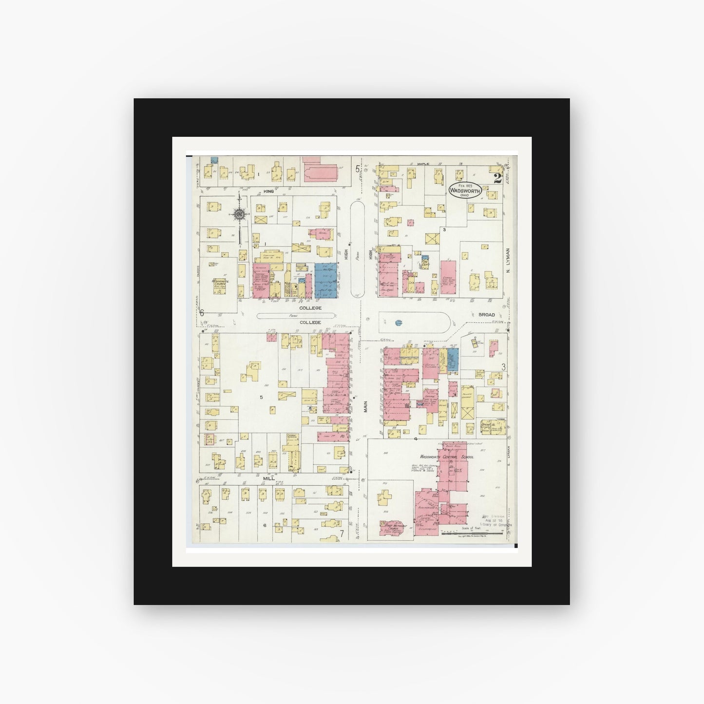 Old map wall art mockup — black gallery frame with white mat — Sanborn Fire Insurance Map from Wadsworth, Medina County, Ohio (1923), Sheet #0002