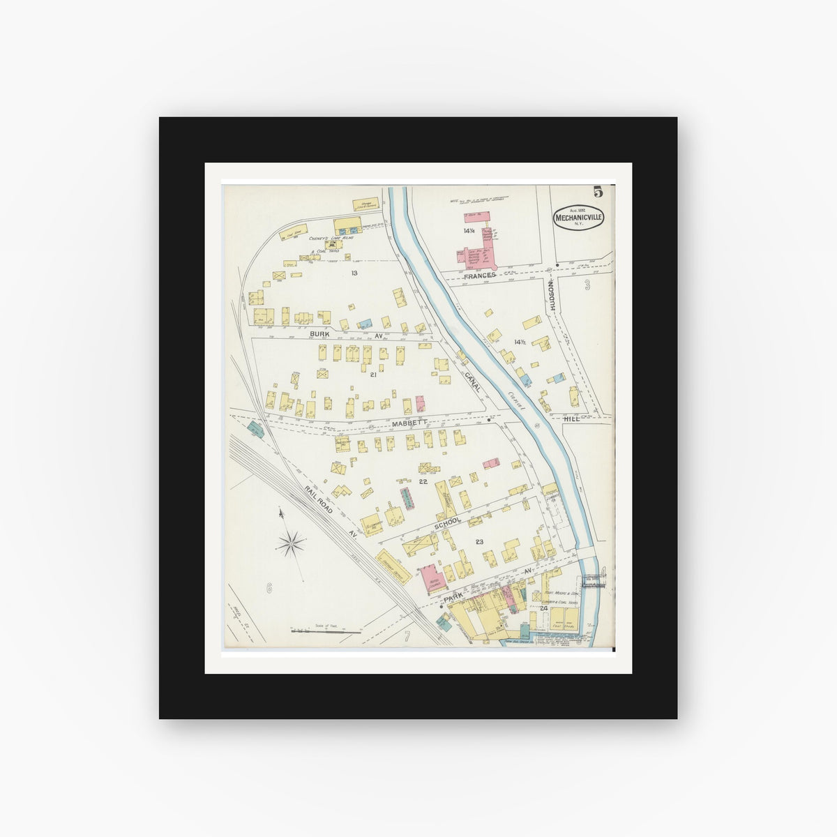 Old map wall art mockup — black gallery frame with white mat — Sanborn Fire Insurance Map from Mechanicville, Saratoga County, New York (1892), Sheet #0005