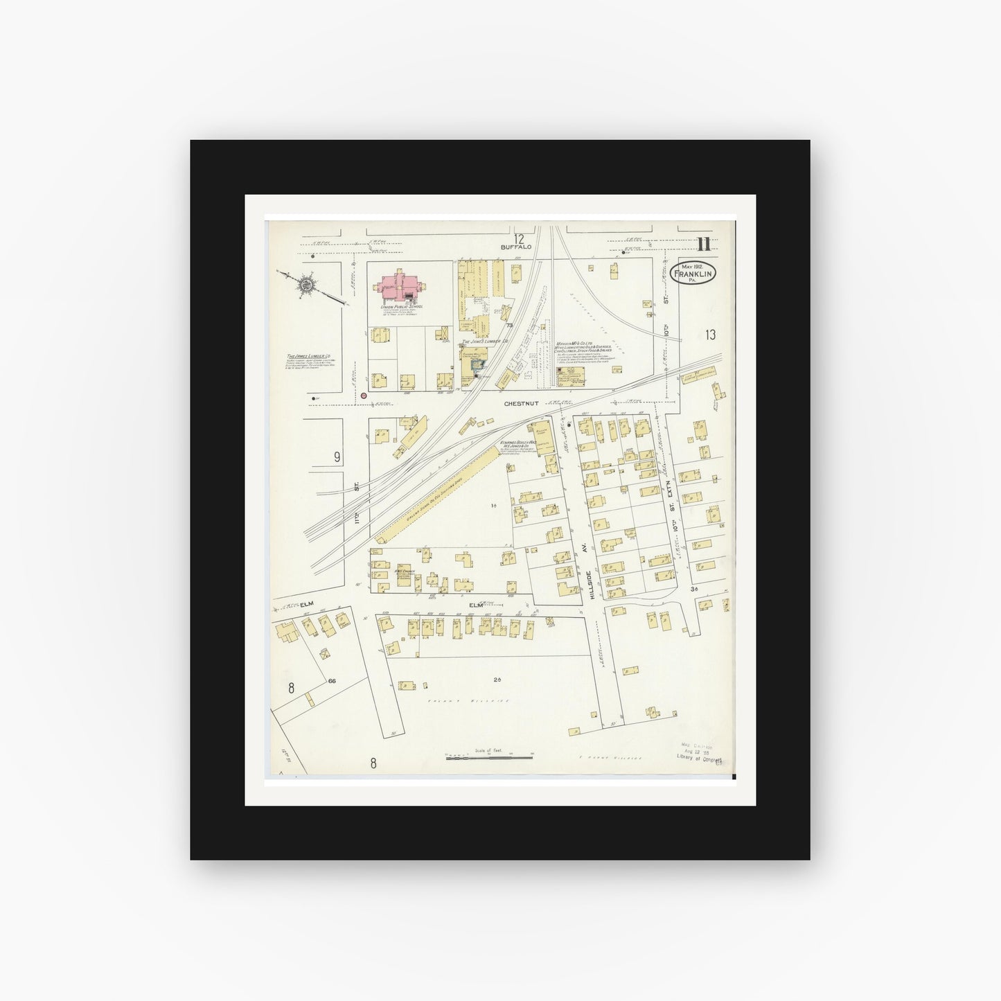 Old map wall art mockup — black gallery frame with white mat — Sanborn Fire Insurance Map from Franklin, Venango County, Pennsylvania (1912), Sheet #0011
