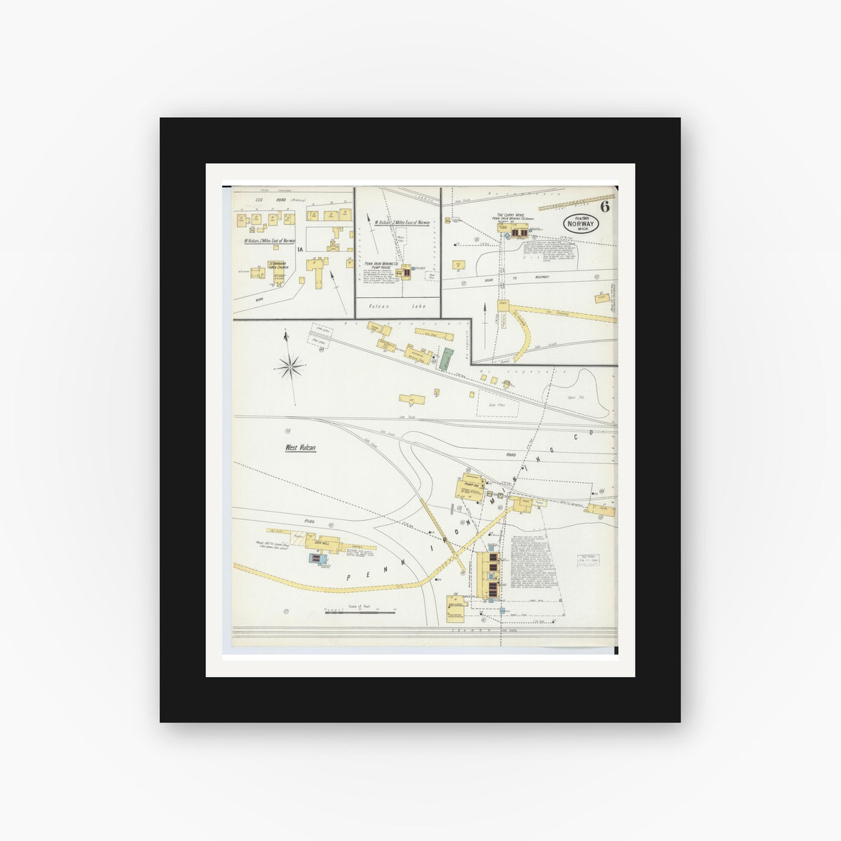 Old map wall art mockup — black gallery frame with white mat — Sanborn Fire Insurance Map from Norway, Dickinson County, Michigan (1900), Sheet #0006