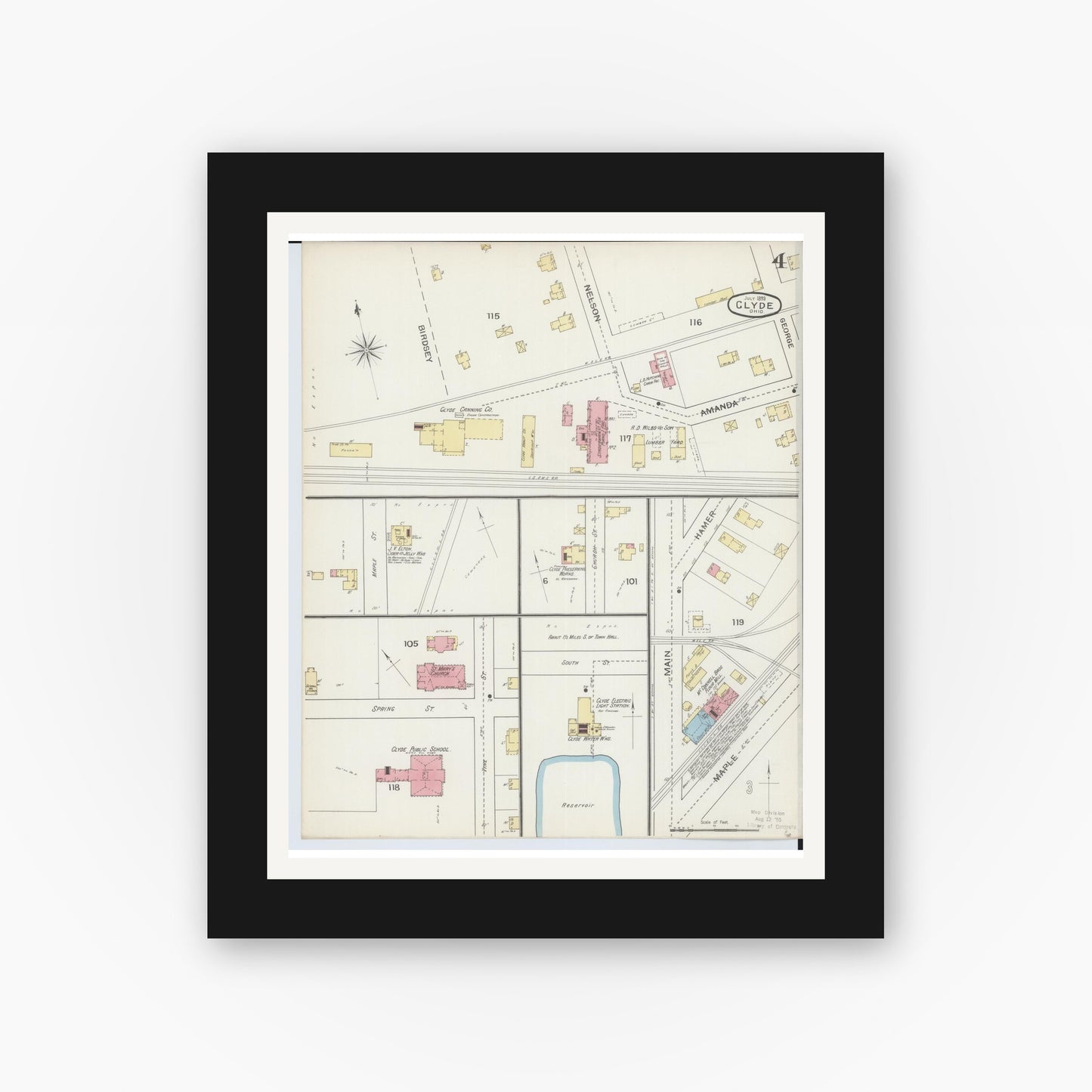 Old map wall art mockup — black gallery frame with white mat — Sanborn Fire Insurance Map from Clyde, Sandusky County, Ohio (1893), Sheet #0004