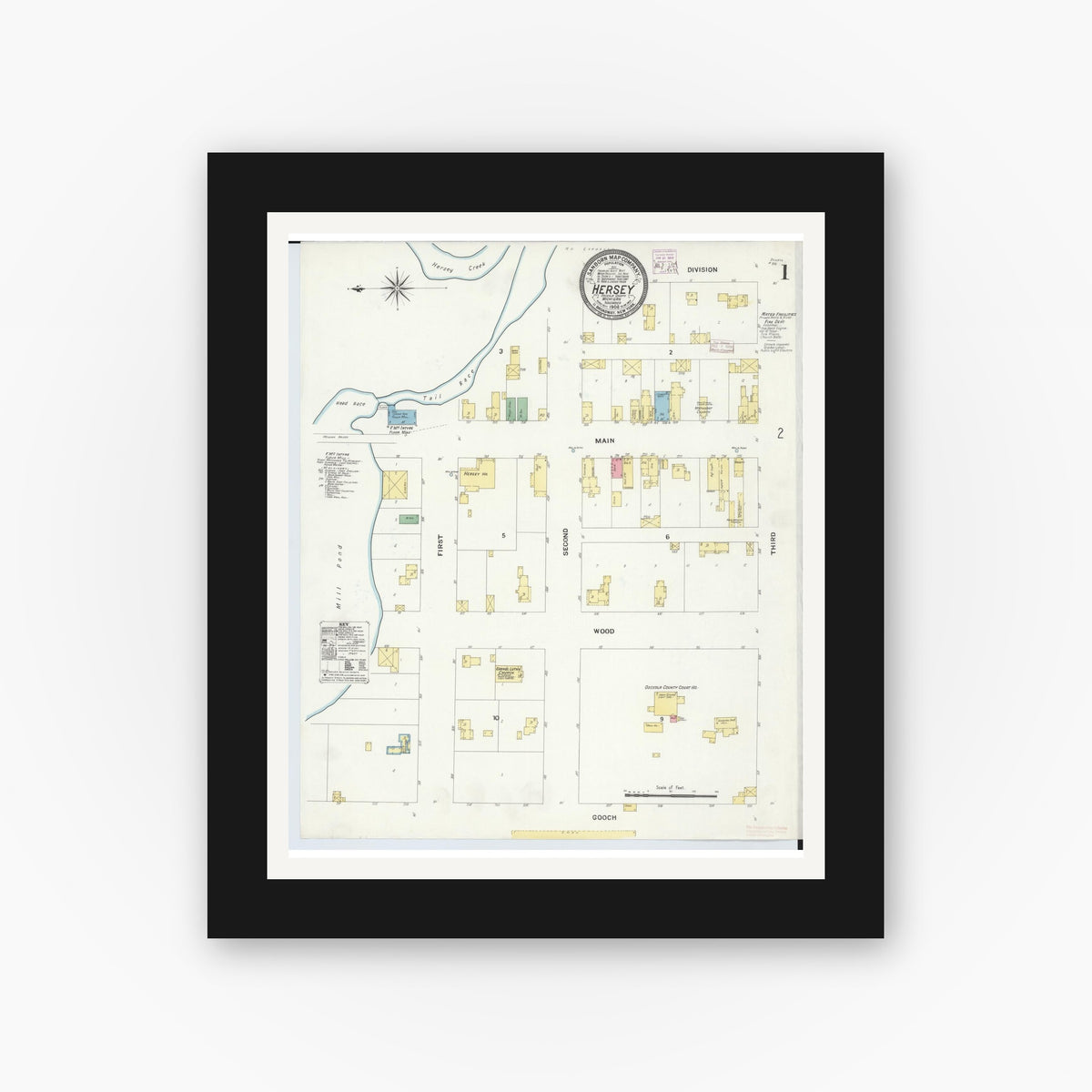 Old map wall art mockup — black gallery frame with white mat — Sanborn Fire Insurance Map from Hersey, Osceola County, Michigan (1908), Sheet #0001
