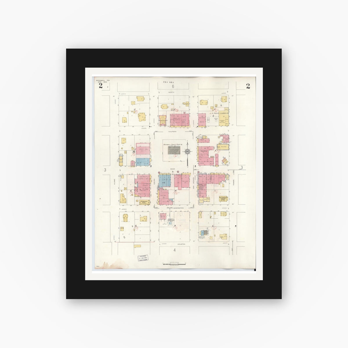 Old map wall art mockup — black gallery frame with white mat — Sanborn Fire Insurance Map from Rockwall, Rockwall County, Texas (1945), Sheet #0002