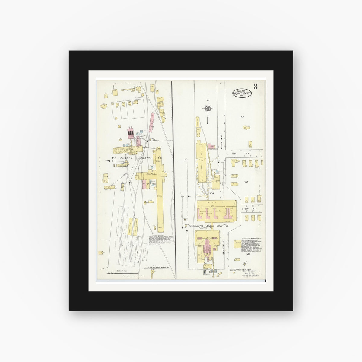 Old map wall art mockup — black gallery frame with white mat — Sanborn Fire Insurance Map from Mount Jewett, McKean County, Pennsylvania (1909), Sheet #0003
