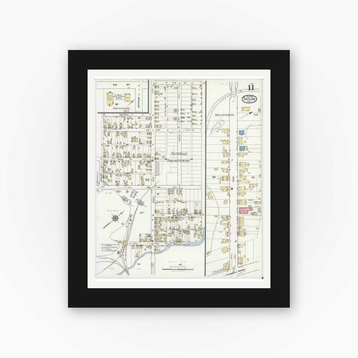 Old map wall art mockup — black gallery frame with white mat — Sanborn Fire Insurance Map from Taylor, Lackawanna County, Pennsylvania (1921), Sheet #0011